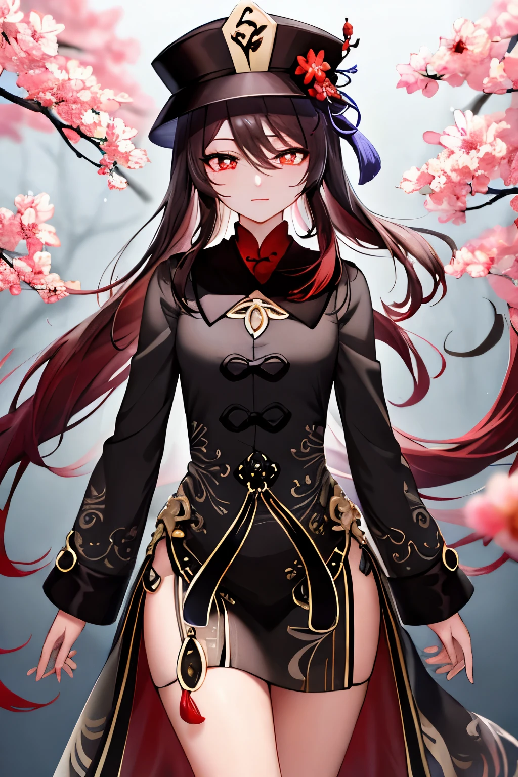 2d, masterpiece, best quality, anime, highly detailed eyes, highly detailed face, highly detailed background, perfect lighting, cowboy shot, feet out of frame, 1girl, solo, standing, hu tao \(genshin impact\), symbol-shaped pupils, flower-shaped pupils, hat, red flower, red eyes, cherry blossoms ,