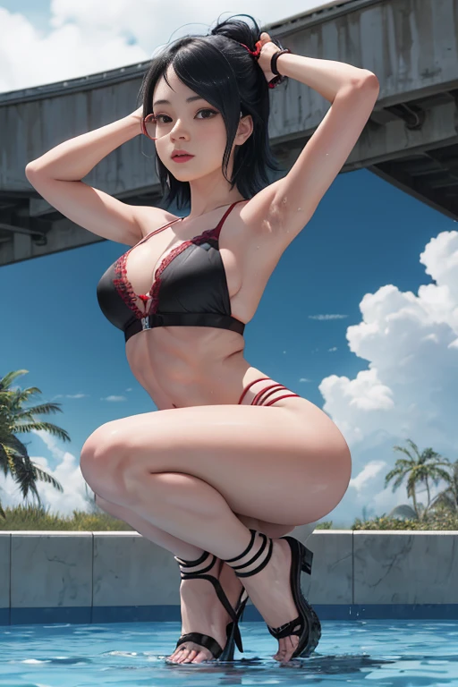 masterpiece, absurdres, 1 age girl, Age 15 old. Model of Calvin Klein Brand. Sarada\(boruto, floating hair, wind. masterpiece, absurdres , (intricate details), (colorful),cinematic lighting,bust shot,extremely detailed CG unity 8k wallpaper 1girl, solo, Cute Criss cross Bra, Adorable laces panties, Stocking. Black heels. Swimming Pool Background. Feet inside water. Peoples are staring at Sarada for being so Attractive looking. athletic Abs detailed, biceps triceps pumped up, body sweat glow, sweat on her body, Slutty Wide hips, Attractive curvy butt. Heart shaped Lips, Painted Lips shine. detailed eyes, blushed, Adorable Facial, looking at viewer, Posing as a Pro Model.