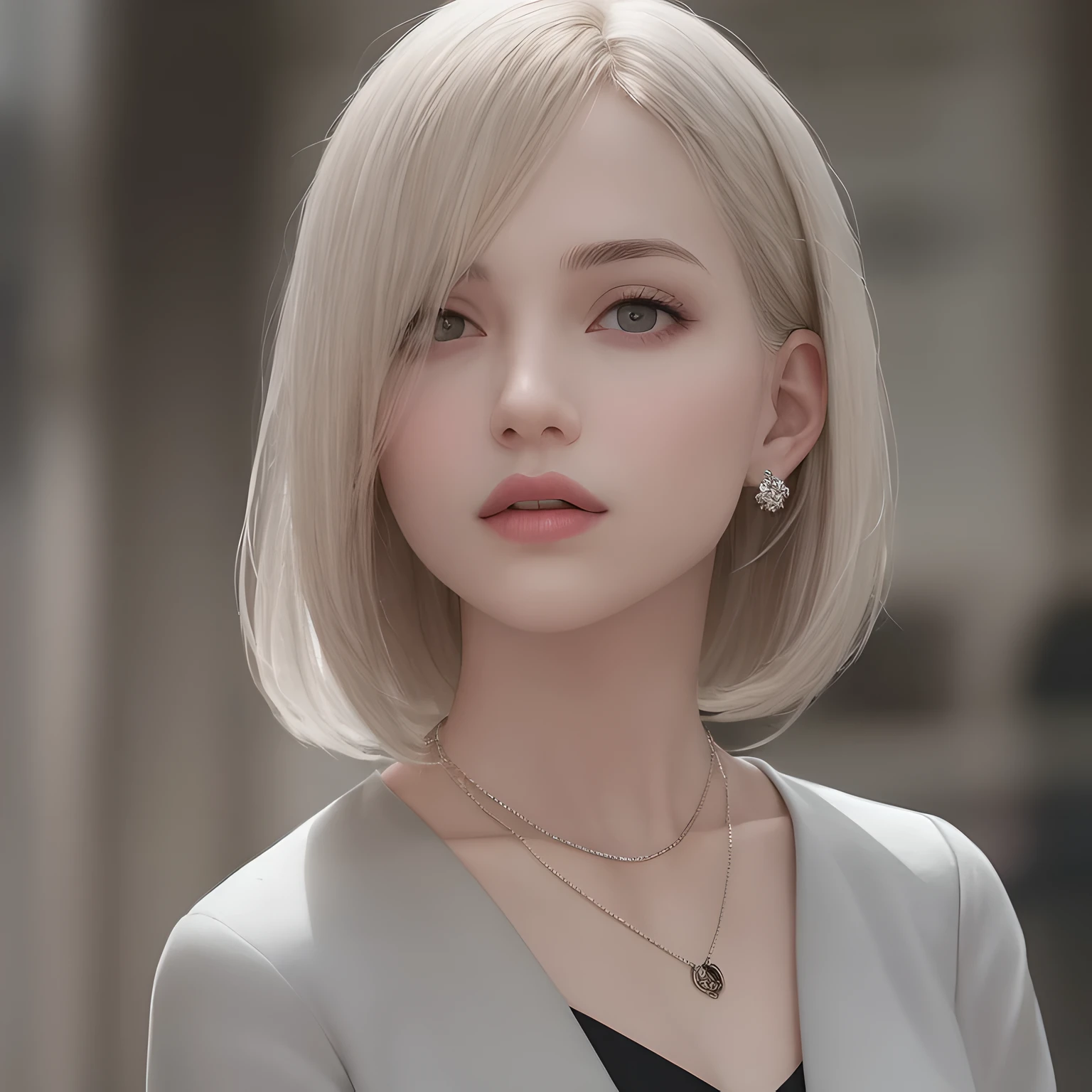 masutepiece, Best Quality, Ultra-detailed, (photoRealistic),
Extremely delicate and beautiful, 1girl in, Solo, Blonde hair, White hair, Jewelry, Jacket, Necklace, parted Lips, Blurry, Realistic, Upper body, Blurry background, Shirt, Looking at Viewer, open Jacket, meme, Open your clothes, grey Shirt, Long hair, Lips