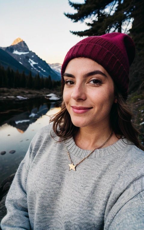 photorealistic, best quality, hyper detailed, beautiful woman, selfie photo, upper body, solo, wearing pullover, outdoors, (night), mountains, real life nature, stars, moon, (cheerful, happy), sleeping bag, gloves, sweater, beanie, flashlight, forest, rocks, river, wood, smoke, fog, clear sky, analog style, looking at viewer, skin texture, film grain, close up, ultra high res, best shadow, RAW, instagram LUT