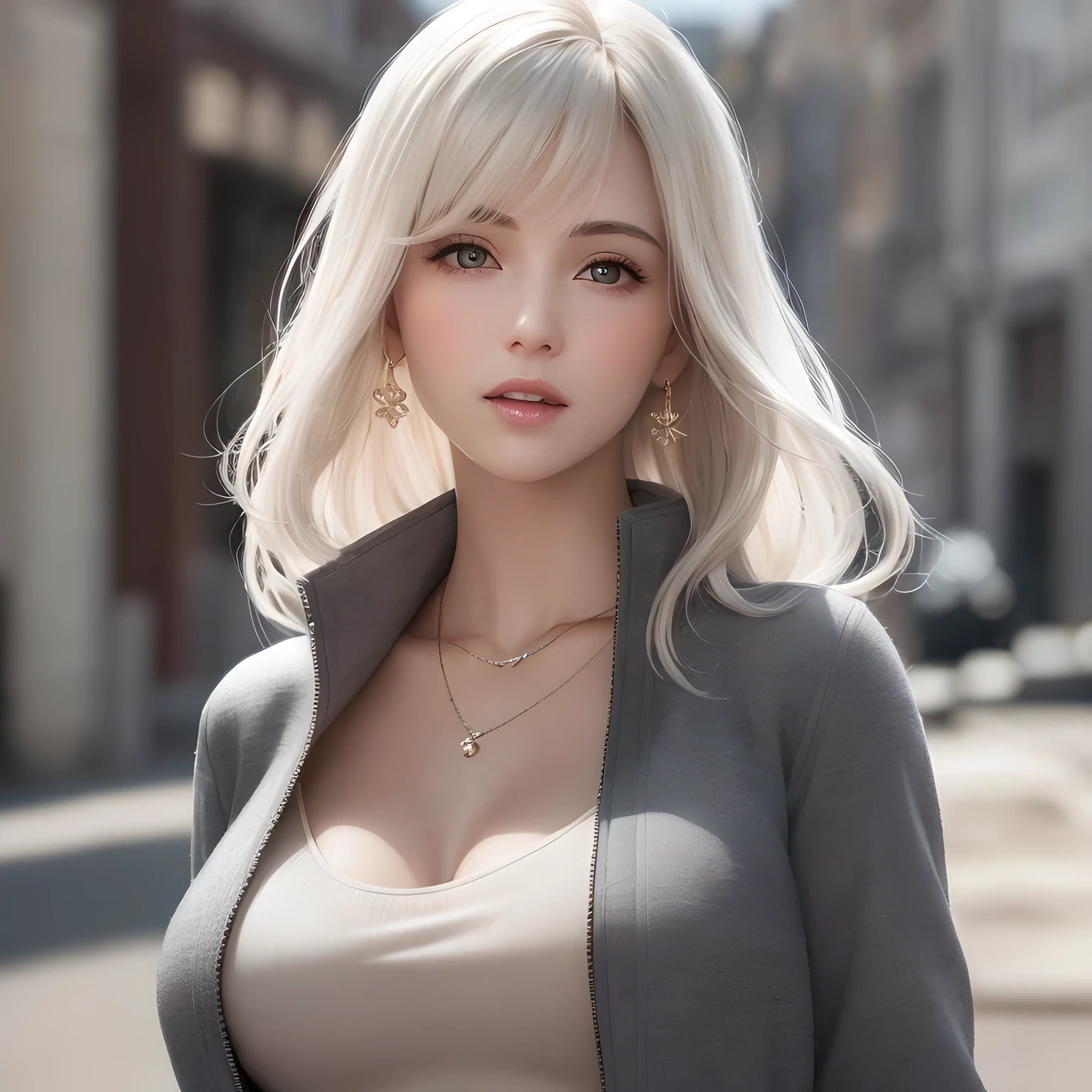 (best_quality, masterpiece:1.2), (detailed), (4k, 8k, uhd, high_resolution, highres), 1girl, gigantic_breasts, intricate_see-through_lace-trimmed_tank_top, alluring_gesture, smile, very_long_hair, daylight, classical_outdoor_shopping_mall, long_eyelashes, modern_theme, silver_material, perfect_lighting, red_eyes, ray_tracing, (fisheye:0.3), platinum_blonde_hair, fur_and_leather, sharp_focus,