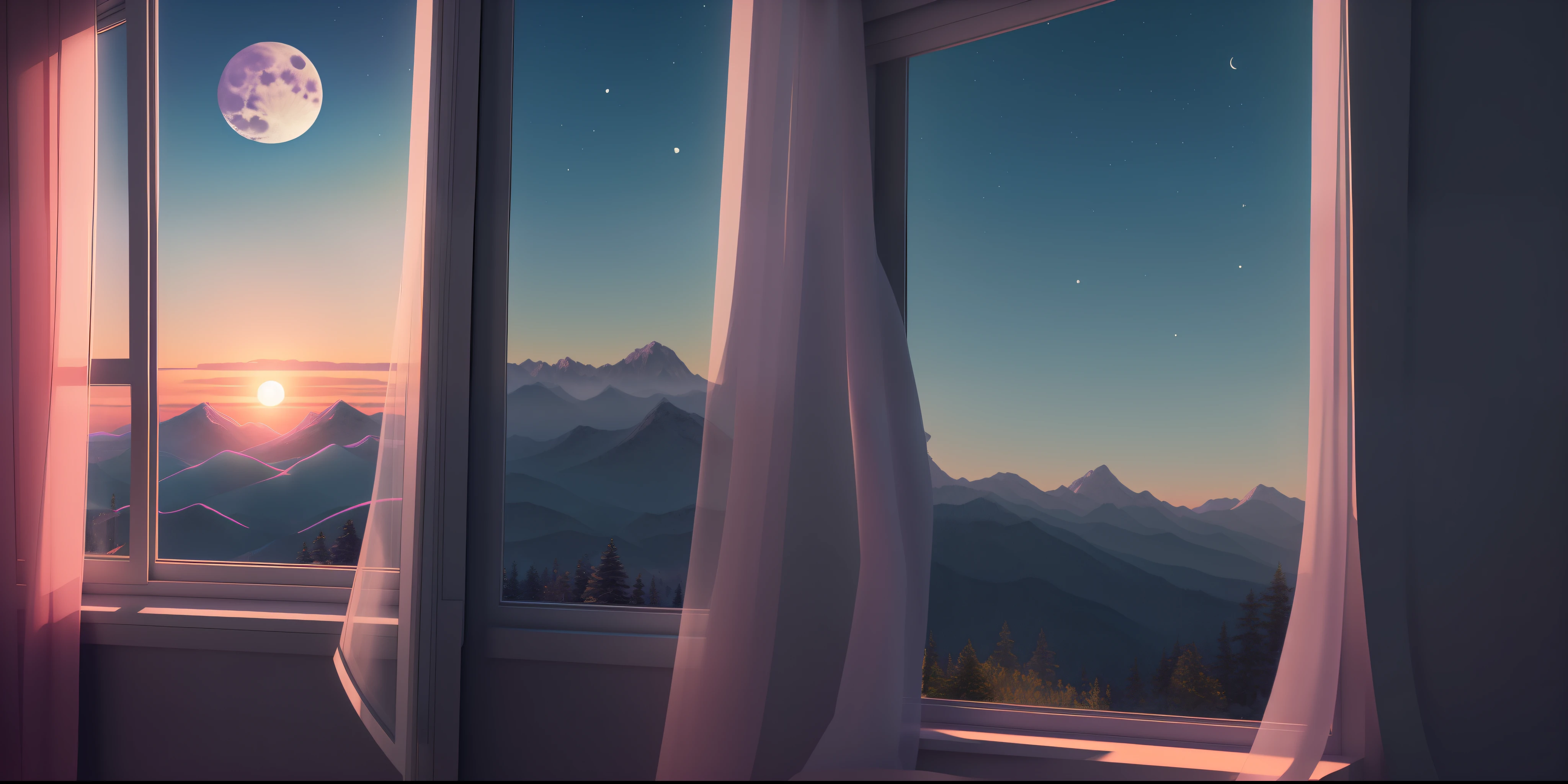 there is a window with a view of the mountains and the moon, dream-like atmosphere 8k, mountain sunrise, soft glowing windows, beautiful and aesthetic, vaporwave sunrise background, inspired by Mike Winkelmann, beautiful aesthetic, sunset mood, 3 d render people, sunset view, dreamy scene, sun rises between two mountains, beautiful morning, window view