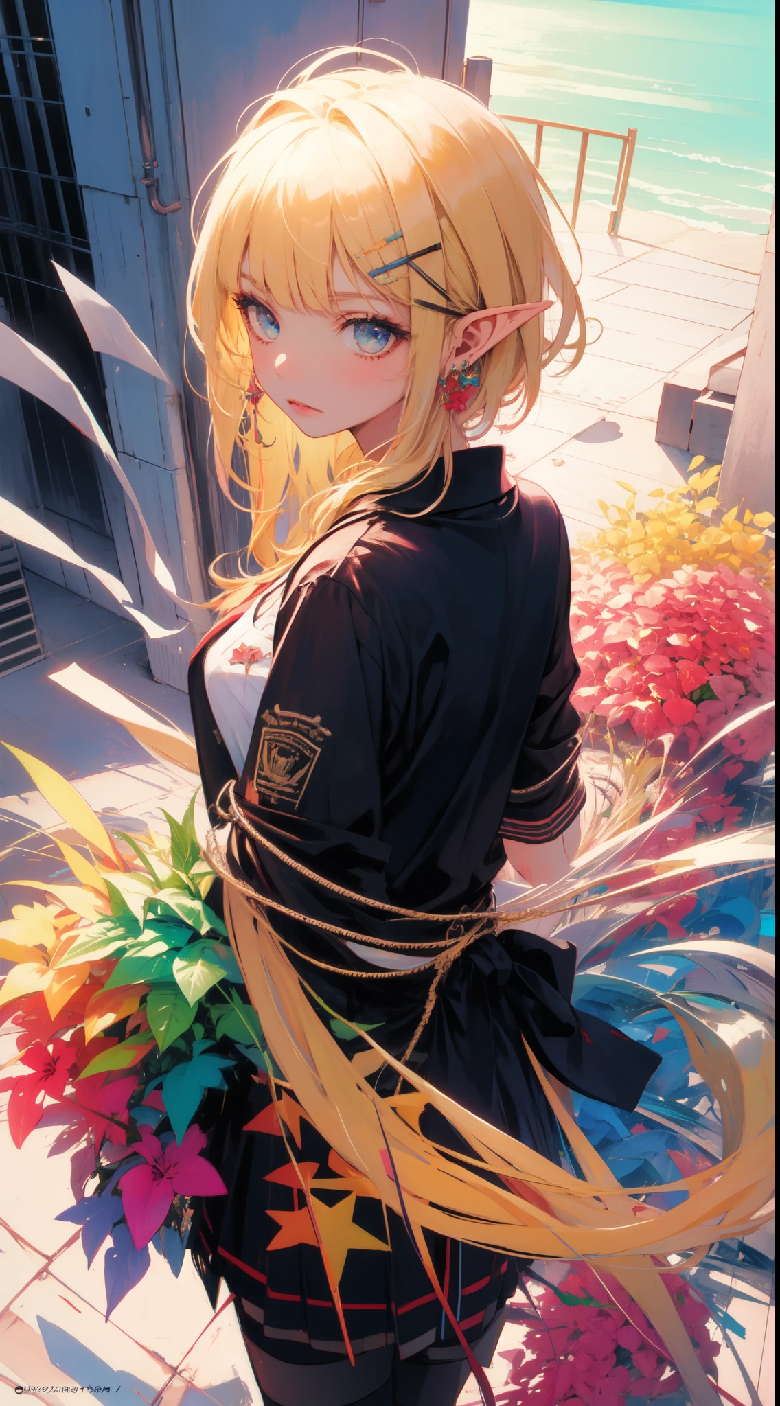 (masterpiece, top quality, best quality, official art, beautiful and aesthetic:1.2), ((elf)), ((1girl)), extreme detailed,(fractal art:1.3),colorful,highest detailed, portrait, from behind,  art by Artgerm, by wadim kashin, by Kawacy, by Yoshitaka Amano, BREAK, (elf), (1girl), solo, perfect face, details eye, Blunt bangs, Blonde white hair, (hair between eye), eyelashes, eyeshadow, pink eyeshadow, BREAK, corsages, jirai kei, (jirai kei fashion:1.1), Frills, Skirts, Various accessories, (ear piercing), punky style, Japanese subculture, fashion, Stockings, colorful, (Dark circles:1.2),