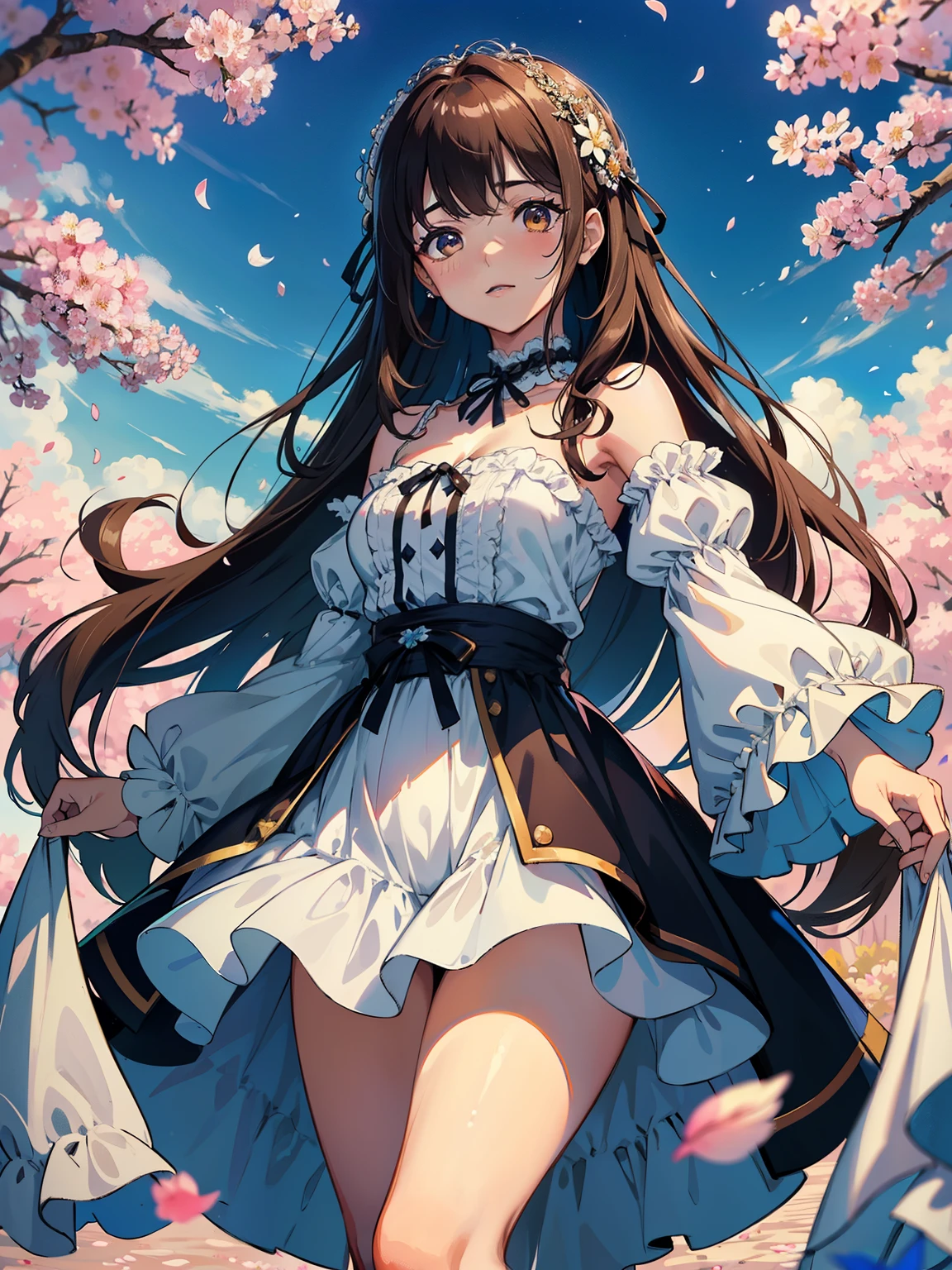 chica de mediana edad, 21-year-old.，hermoso vestido de terciopelo primer plano de la cara y la mitad del torso，Fondo de flower petals de Sakura NS，Mar de flores，Long brown hair，Longer sleeves，apariencia，manguera de encaje，flower petals，flores rosadas, ese，falda plisada，club，smil，solo，primavera \ (Estaciones \)，this is a tree，Anime de glicina ，Medias de seda negra
