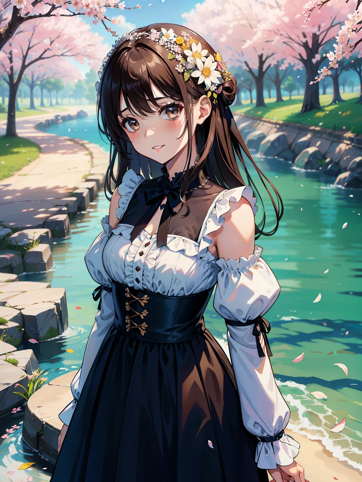 chica de mediana edad, 21-year-old.,hermoso vestido de terciopelo primer plano de la cara y la mitad del torso,Fondo de flower petals de Sakura NS,Mar de flores,Long brown hair,Longer sleeves,apariencia,manguera de encaje,flower petals,flores rosadas, ese,falda plisada,club,smil,solo,primavera \ (Estaciones \),this is a tree,Anime de glicina ,Medias de seda negra