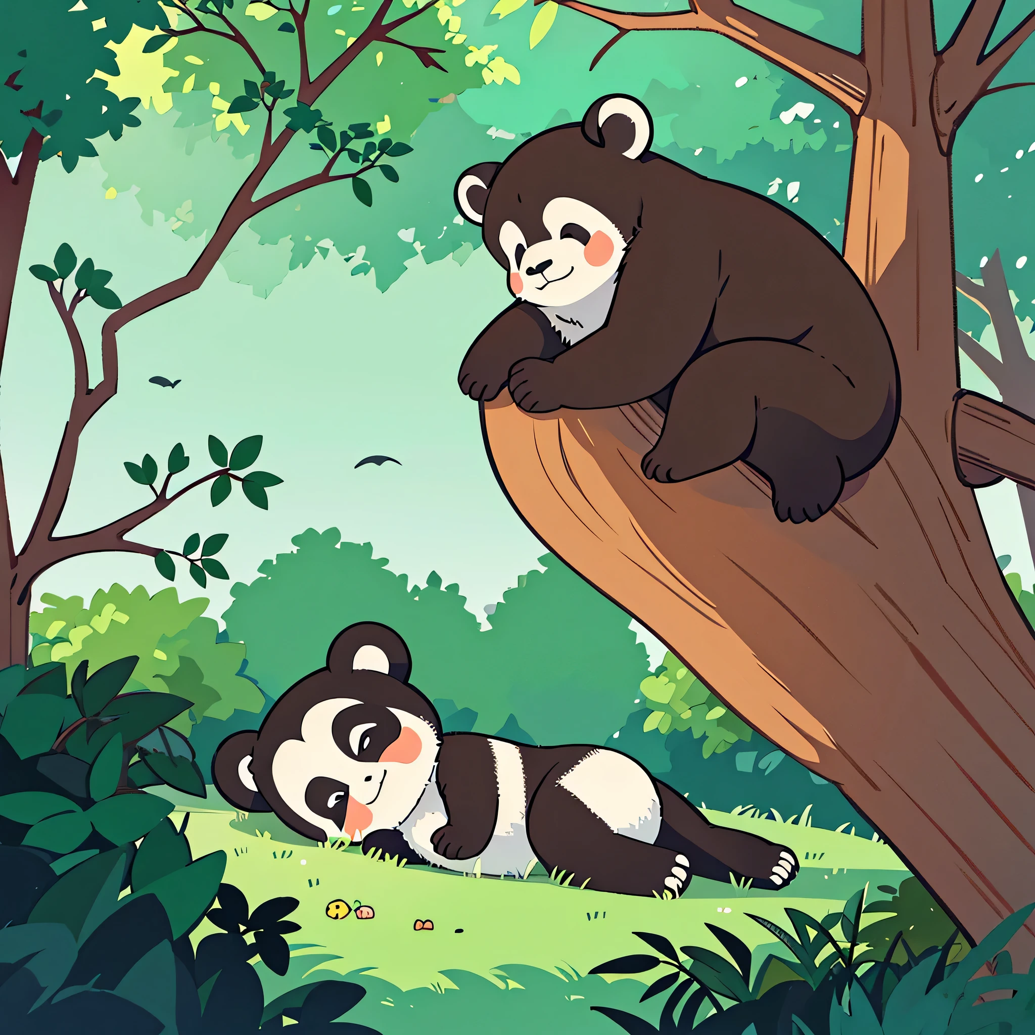 Illustration in flat style,An explorer,in woodound a giant panda,The explorer lay on the grass and took pictures quietly,oda is a monkey in the tree,oda'Sneaking brown bear behind a tree