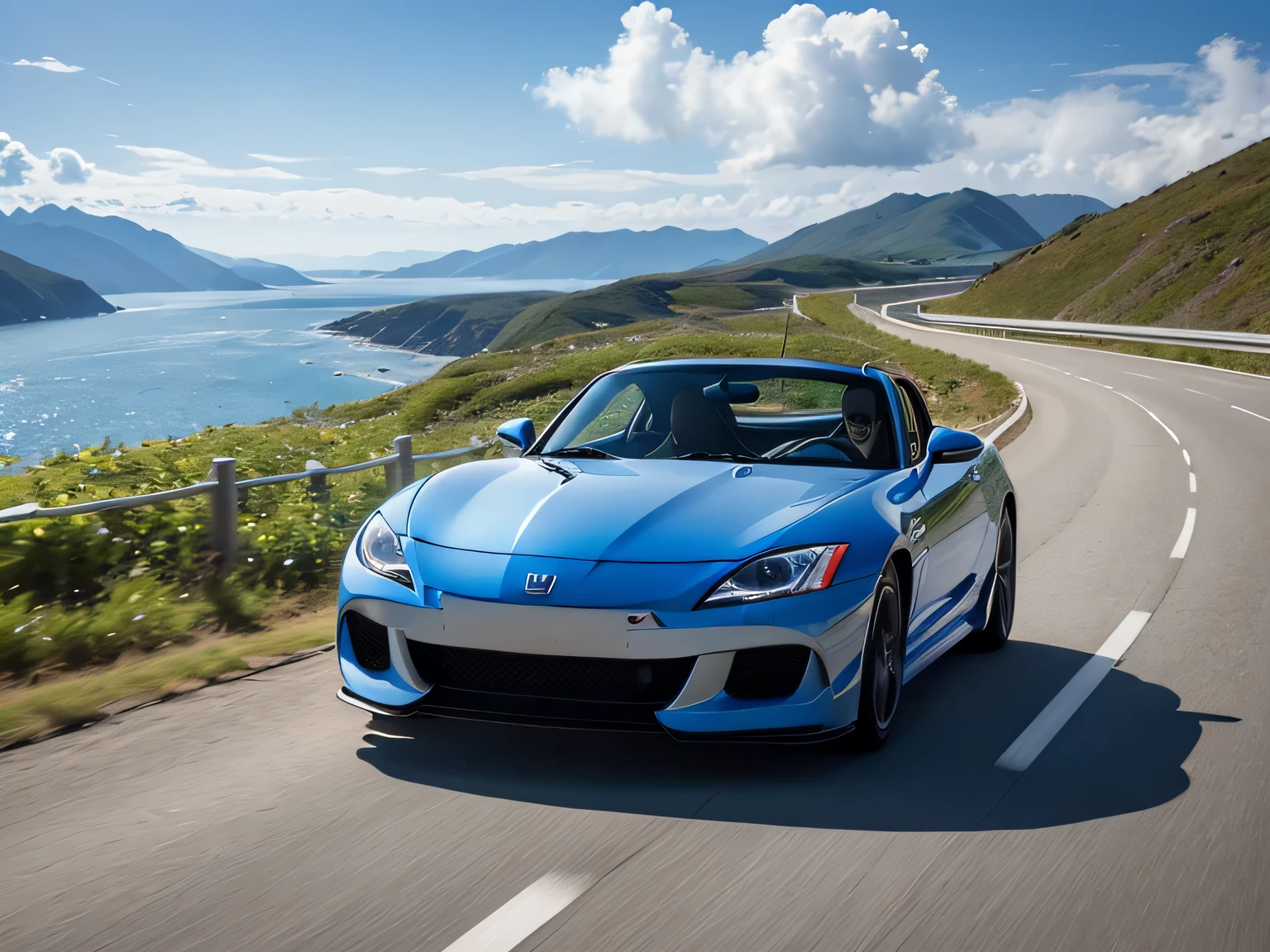 超A high resolution、An ultra-high picture quality、8K、Wonderful expression with attention to detail、early summer coastline、A pure white sports car stopped at a mountain pass.Honda S2000 Sports Coupe