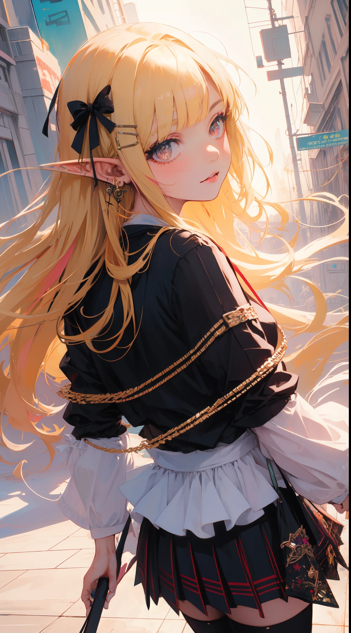 (masterpiece, top quality, best quality, official art, beautiful and aesthetic:1.2), ((elf)), ((1girl)), extreme detailed,(fractal art:1.3),colorful,highest detailed, portrait, from behind, art by Artgerm, by wadim kashin, by Kawacy, by Yoshitaka Amano, BREAK, (elf), (1girl), solo, perfect face, details eye, Blunt bangs, Blonde white hair, (hair between eye), eyelashes, eyeshadow, pink eyeshadow, BREAK, corsages, jirai kei, (jirai kei fashion:1.1), Frills, Skirts, Various accessories, (ear piercing), punky style, Japanese subculture, fashion, Stockings, colorful, (Dark circles:1.2),