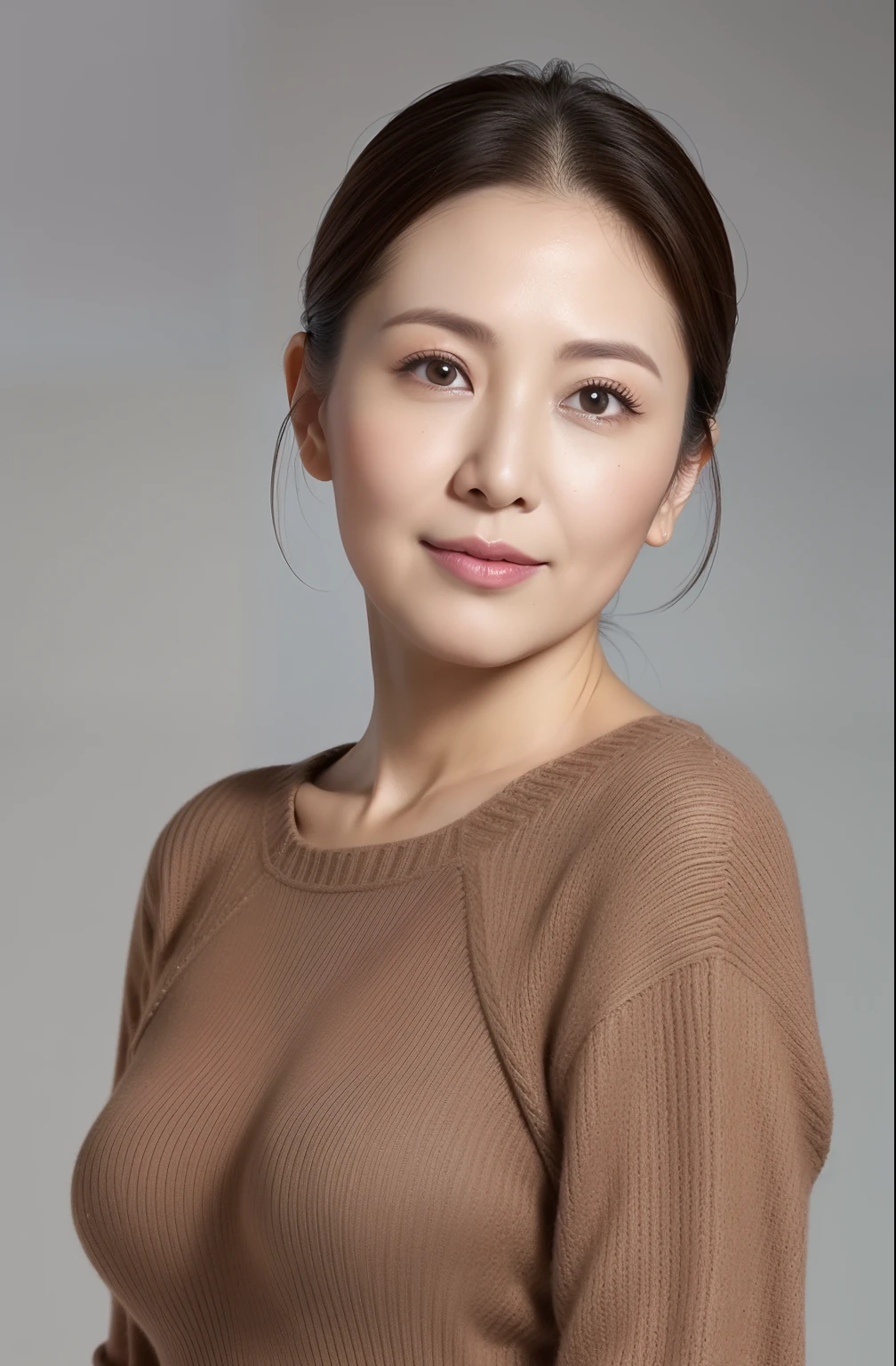 hight resolution, high-level image quality, high detailing, ​masterpiece, Textured skin, tre anatomically correct, sharp, greybackground((japanese mature, 30-years old)), 独奏, ((Wrinkles on the face)), large breasts with good shape, Straight light brown hair that reaches to the shoulders, chubby figure (((erect through, facing the center of the screen.))), Close your mouth and look straight ahead with a serious face, Sweaters, skirt by the, ((cowboy  shot)),