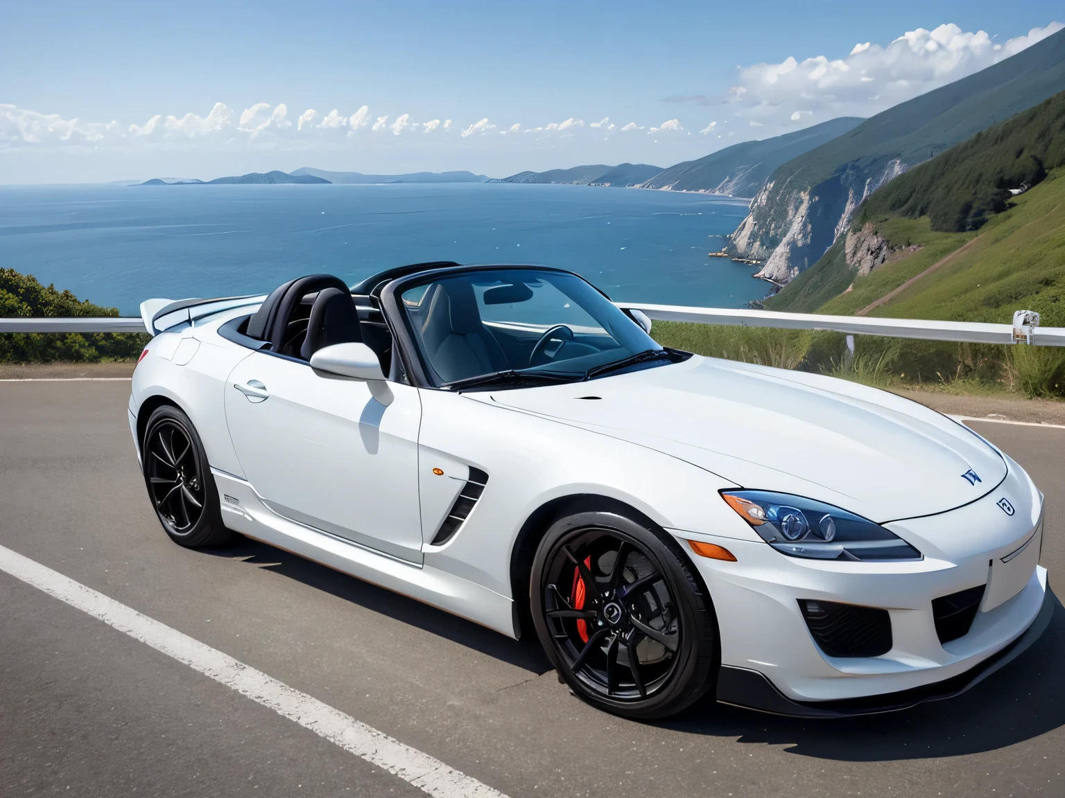 超A high resolution、An ultra-high picture quality、8K、Wonderful expression with attention to detail、early summer coastline、A pure white sports car stopped at a mountain pass.Honda S2000 Sports Coupe