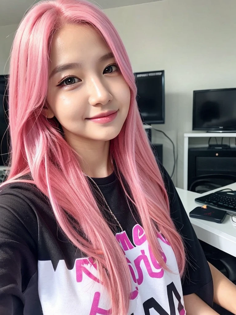 gamer girl, vibrant pink hair, long hair, makeup, selfie