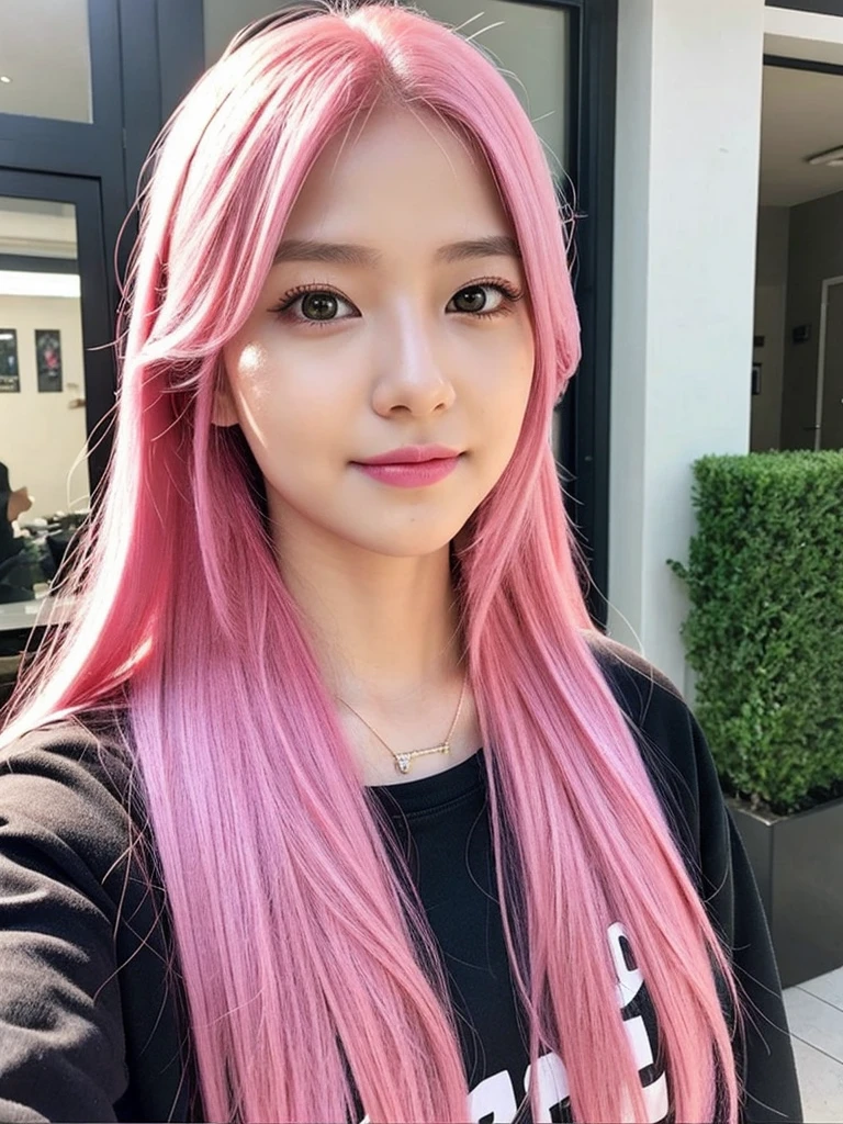 gamer girl, vibrant pink hair, long hair, makeup, selfie