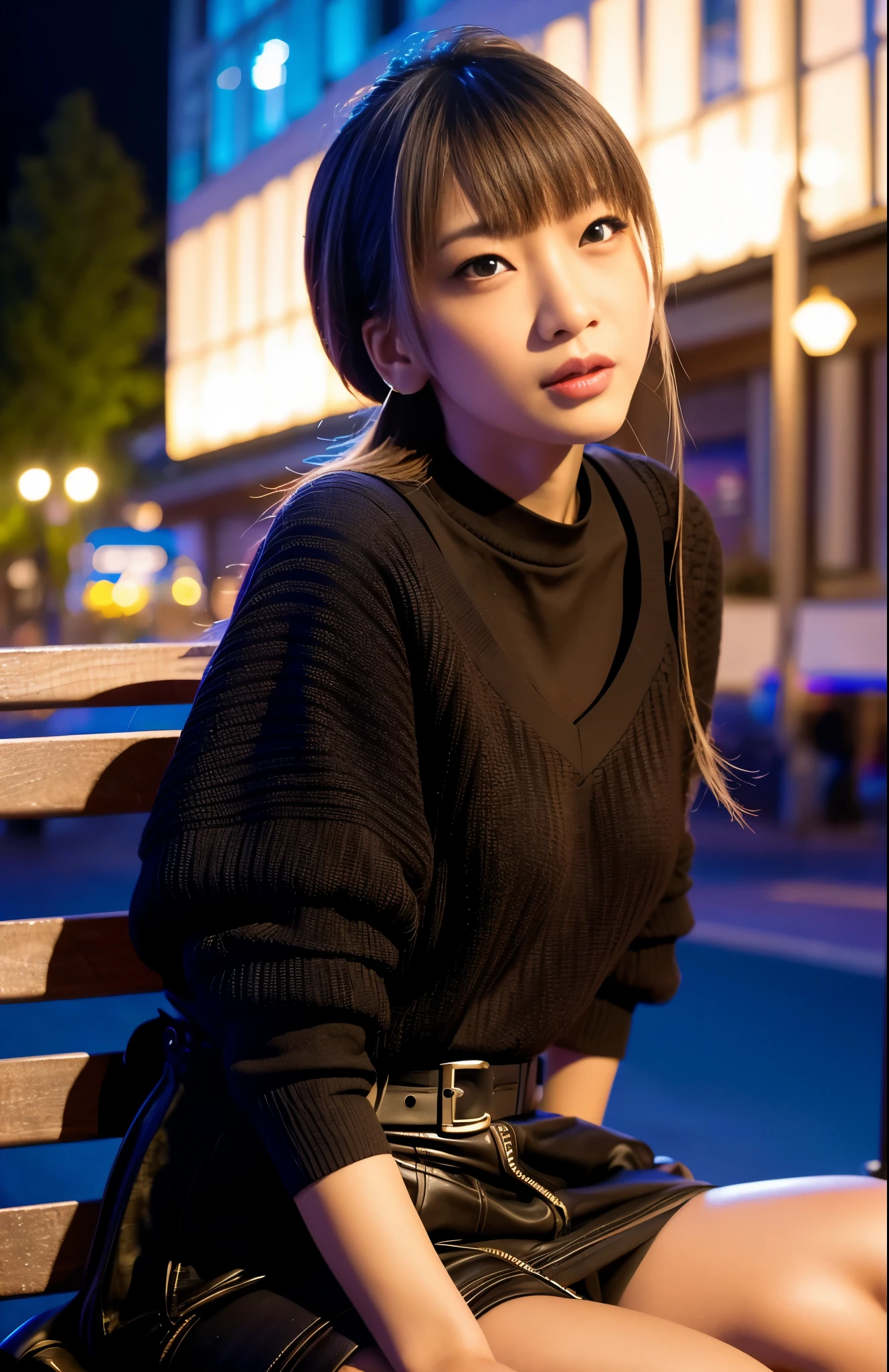 Hanso-hee sitting on a park bench, night time lights, City lights, Moonlight, Nighttime 4K, FUJI XT3, 8K, Maximum results, Shot in Kodak, award - winning photo, (A hyper-realistic:1.5), (Best Quality:1.5), Photorealistic, Detailed skin texture, masutepiece, (Photorealistic:1.4), Raw photo,  Perfect Shading, Realism, Photography,Detailed face textures, detailed lip texture, Detailed ears, Detail Eye,  depth of fields,
