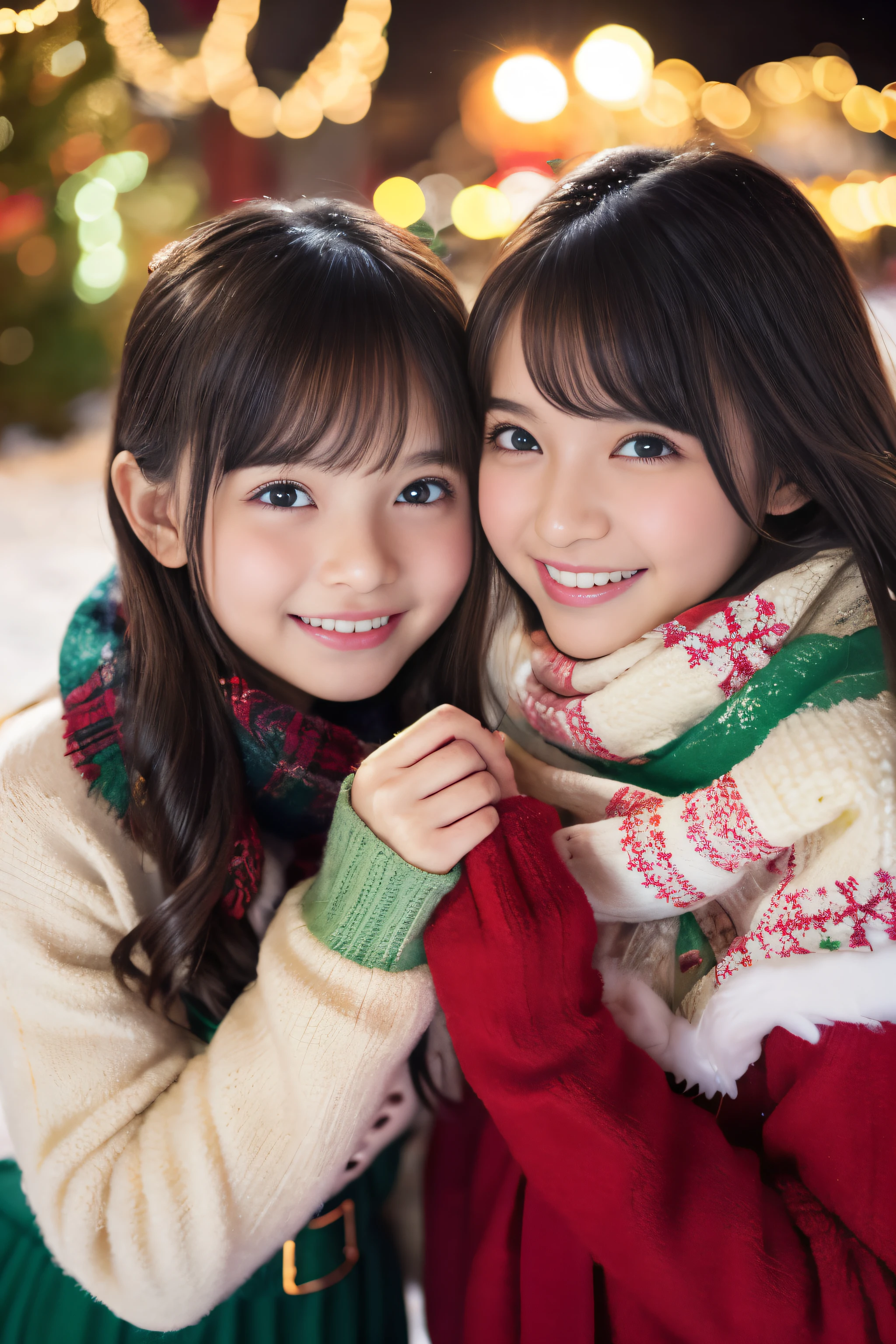(best quality,fotorrealista,alta resolução),2meninas,belos olhos detalhados,beautiful detailed lips,sorridente,Rindo,fofo,Christmas Eve,Feliz,Divirta-se,Invernos,alegre,excitado,luzes cintilantes,Decorated Christmas Tree,Clew,atmosfera acolhedora,lareira quente,Magical moments,estrelas cintilantes,velas acesas,flocos de neve caindo,ground covered with fluffy snow,colorful holiday decorations,Cores vermelho e verde,vestidos elegantes,Soft scarves,Feliz memories,valorizar a irmandade,amor e risadas、12 year old sisters、a baby face、infantil、looking at the camera、Caixa Presente、
