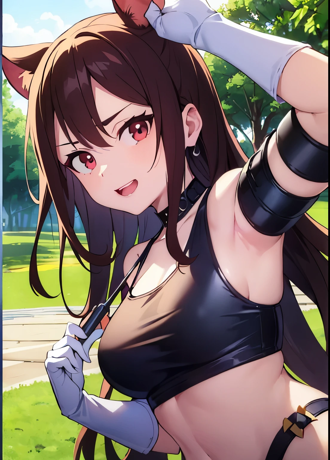 LWA tifa lockhart, 1girl, thick labios, Brazo en alto, Axilas, Nombre del artista, beltt, brown-hair, senos, brown eyes, escote, boca cerrada, 鎖骨, Disparo de vaquero, Recortar arriba, Pendientes, elbow Guantes, Coderas, Guantes, jewely, large senos, labios, Cabello largo, low-tied Cabello largo, diafragma, ombligo, un ojo cerrado, al aire libre, falda, They are smiling, solamente, stomach, tirantes, Camiseta, Parte superior del cuerpo, ((Obra maestra))