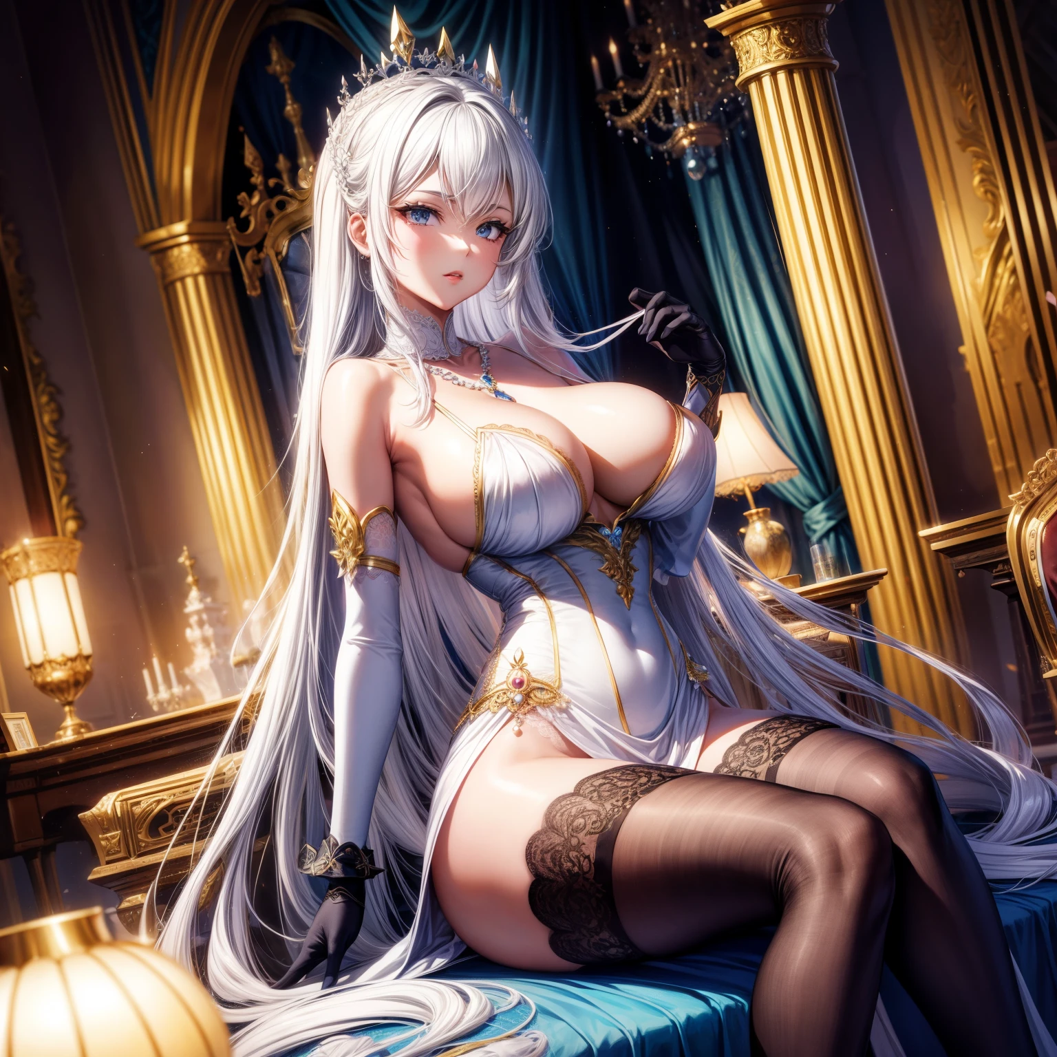 Ultra-detailed 8K CG, hyper realisitc, tmasterpiece, spotlight lights, royal paLace, 电影灯光, cinematicbloom, professional photoshooting, Ridiculously long hair, Very long hair, White hair, divine goddess, humongous large breast, Stick it out, A queen, Beutiful women, Lace, Lace trim, Lace-trimmed legwear, Raised your legs, Wear gloves on elbows, pearl neckLace, soybean, jewely, Shiny, twinkle, diamond, looking at viewert, Serious, formal, epic, Large curtains, Indoors