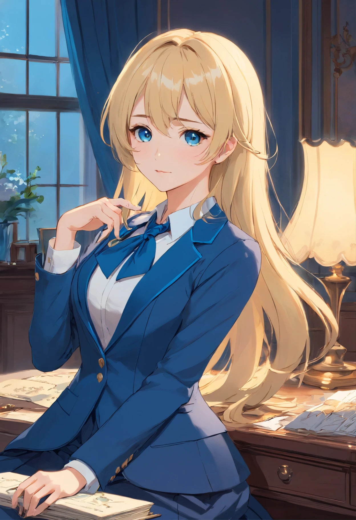 Arte de John Tenniel, An incredibly beautiful but frustrated blonde, Greer Grammer, wearing an elegant blue fine wool formal Victorian morning suit.