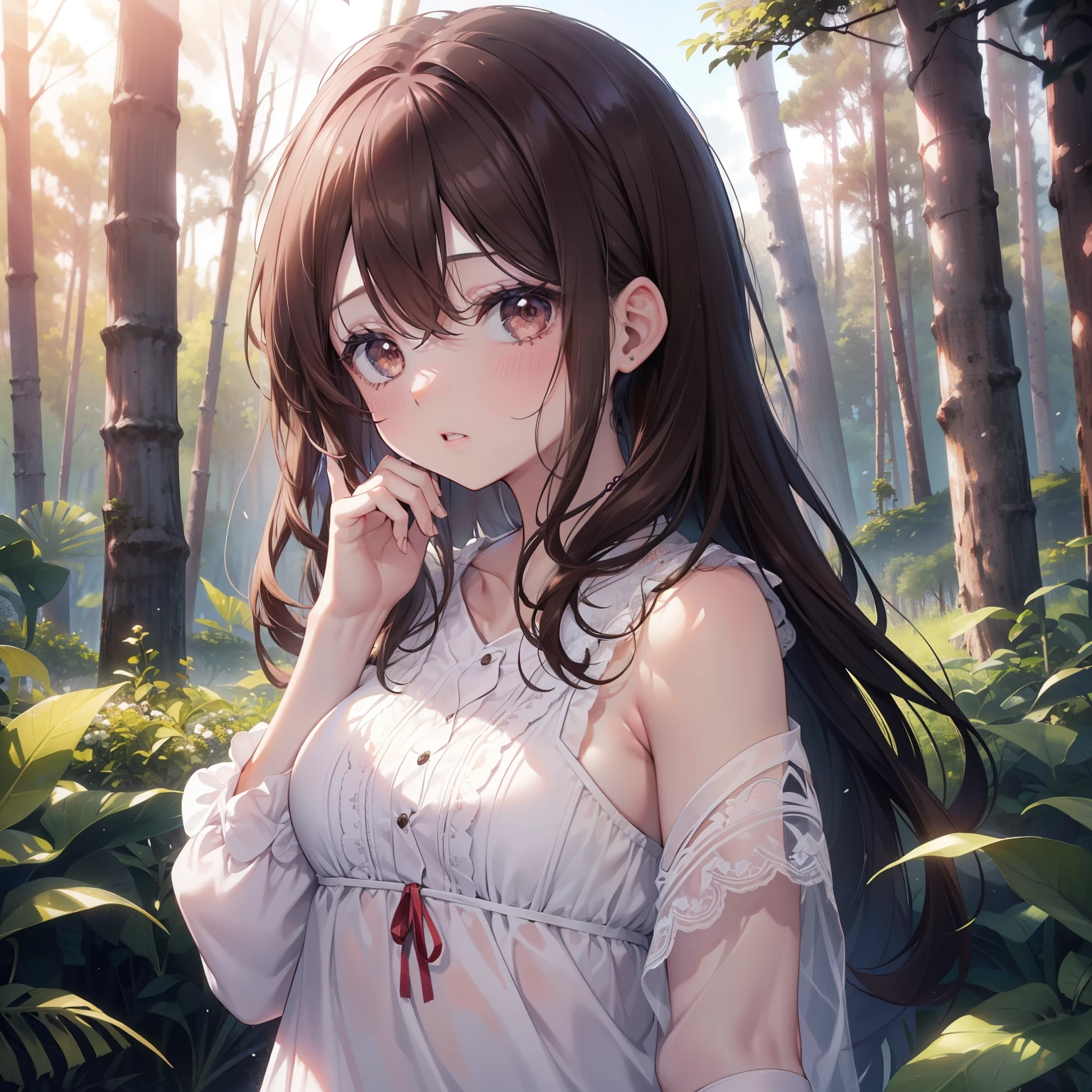 1girl, (), (cerrar), (Lindo:1.2), boca cerrada, labios dulces, (mejillas rosadas), (bashful), (Pale skin), (brown hair), (Cabello largo), (hebras largas), (chill:1.4), (young pine forest), (nieve),