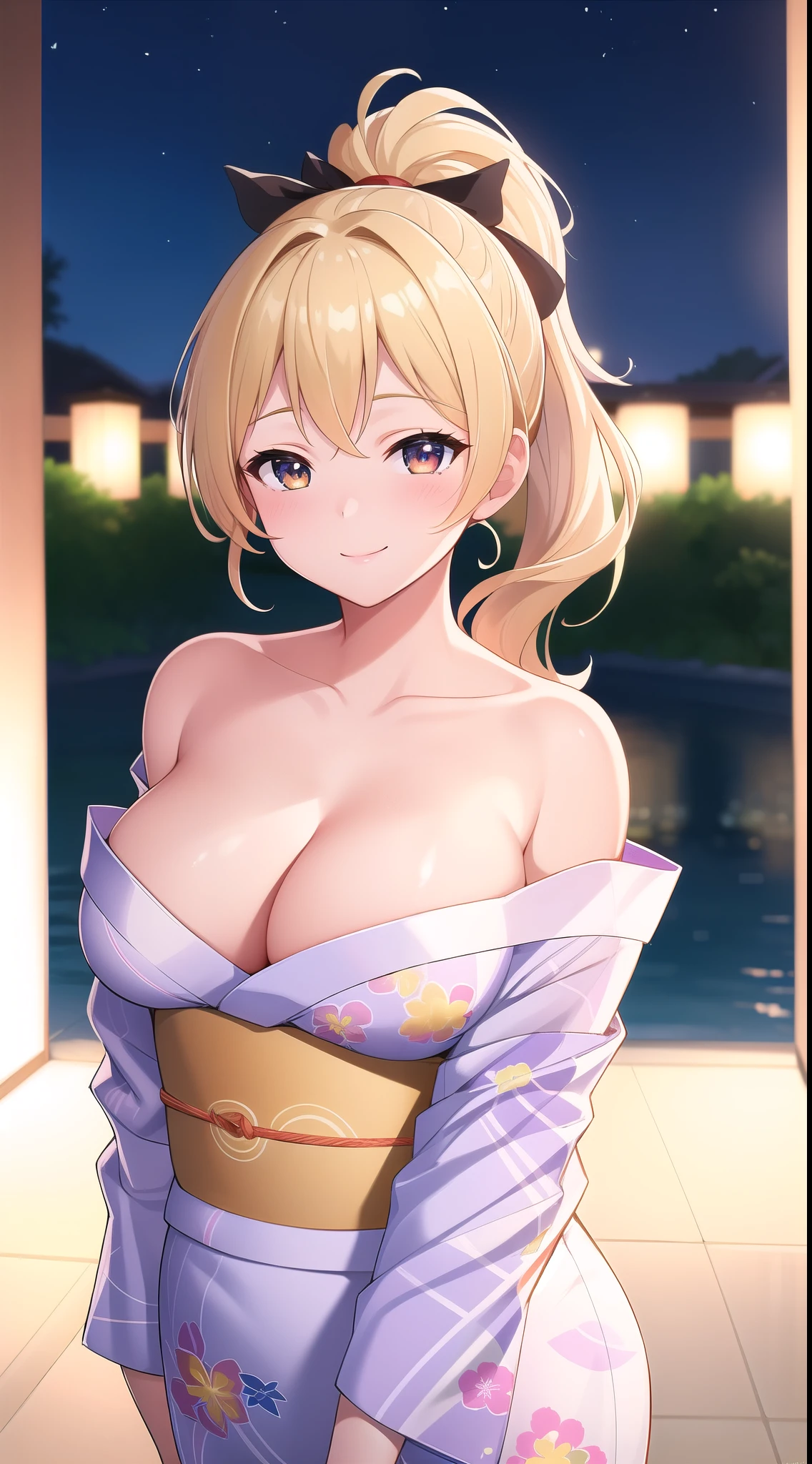 (best quality:1.5, highres, UHD, 4K, detailed lighting, shaders), blonde ponytail, large breasts, off shoulder yukata, cleavage, shoulders, close shot, blushing:1.3, night background, smiling