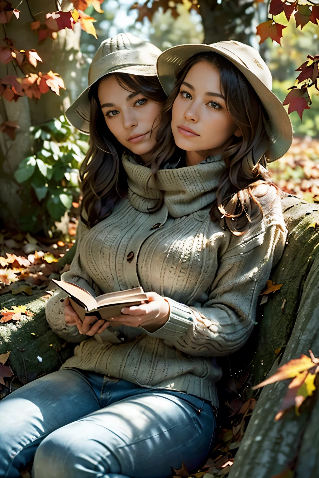 (32K resolution: 1.5), [masterpiece], (cozy autumn afternoon: 1.4), bokeh effect, rustic charm, film grain style, (ultra-realistic: 1.5, photorealistic: 1.5), original character, (perfect figure), warm details, 49-year-old woman, (quaint countryside: 1.2), (fallen leaves and ancient oak trees: 1.3), (reading under a tree: 1.1), (late afternoon: 1.2), (ovversized knitted scarf and warm hat: 1.1), (classic novel: 1.1), (theme of tranquil solitude: 1.2), (absorbed in a book: 1.5), specific lighting: (soft sunlight filtering through leaves: 1.4), 35mm film look, enhanced warmth, (color palette of rich browns and oranges: 1.3), vignette, Kodachrome, Lomography, analog film, (contemplative and serene face expression: 1.2), tanned skin, (long, flowing brown hair: 1.3), hair texture: (gentle curls peeking from under the hat: 1.2), makeup: (subtle and natural: 1.4), facial expression: ((peaceful with a soft smile: 1.5)), body shape: (curvy, slim waist, visible curves), (large breasts: 1.5) clothing: (comfy sweater and jeans: 1.4), (emphasizing casual elegance: 1.5), photographed on Canon, lens mm: 50mm for a detailed autumn scene: 1.4), shallow depth of field, Kodak Vision Color, post-processing: (capturing the essence of a serene autumn day: 1.5), (highlighting the tranquility of the countryside: 1.5), resolution: (8K for capturing the subtle hues of autumn: 1.3), extremely detailed, maximum details, (unparalleled quality: 1.5), resolution: 32K, (RAW, photorealistic), pose: (seated under a tree, engrossed in reading: 1.4), body length: (full-length shot capturing the autumnal setting: 1.2), direction of model's body and gaze: (down at her book, immersed in the story: 1.5), gaze intensity level: (calm and introspective: 1.5), additional details: (leaves gently falling around her: 1.3),((2heads)), conjoined dicephalus