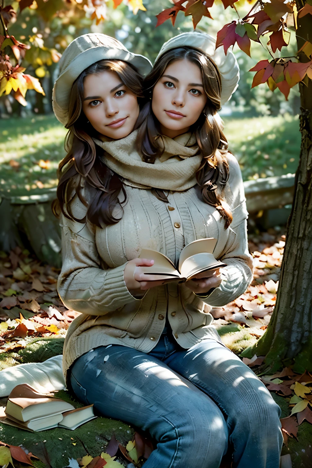 (32K resolution: 1.5), [masterpiece], (cozy autumn afternoon: 1.4), bokeh effect, rustic charm, film grain style, (ultra-realistic: 1.5, photorealistic: 1.5), original character, (perfect figure), warm details, 49-year-old woman, (quaint countryside: 1.2), (fallen leaves and ancient oak trees: 1.3), (reading under a tree: 1.1), (late afternoon: 1.2), (ovversized knitted scarf and warm hat: 1.1), (classic novel: 1.1), (theme of tranquil solitude: 1.2), (absorbed in a book: 1.5), specific lighting: (soft sunlight filtering through leaves: 1.4), 35mm film look, enhanced warmth, (color palette of rich browns and oranges: 1.3), vignette, Kodachrome, Lomography, analog film, (contemplative and serene face expression: 1.2), tanned skin, (long, flowing brown hair: 1.3), hair texture: (gentle curls peeking from under the hat: 1.2), makeup: (subtle and natural: 1.4), facial expression: ((peaceful with a soft smile: 1.5)), body shape: (curvy, slim waist, visible curves), (large breasts: 1.5) clothing: (comfy sweater and jeans: 1.4), (emphasizing casual elegance: 1.5), photographed on Canon, lens mm: 50mm for a detailed autumn scene: 1.4), shallow depth of field, Kodak Vision Color, post-processing: (capturing the essence of a serene autumn day: 1.5), (highlighting the tranquility of the countryside: 1.5), resolution: (8K for capturing the subtle hues of autumn: 1.3), extremely detailed, maximum details, (unparalleled quality: 1.5), resolution: 32K, (RAW, photorealistic), pose: (seated under a tree, engrossed in reading: 1.4), body length: (full-length shot capturing the autumnal setting: 1.2), direction of model's body and gaze: (down at her book, immersed in the story: 1.5), gaze intensity level: (calm and introspective: 1.5), additional details: (leaves gently falling around her: 1.3),((2heads)), conjoined dicephalus