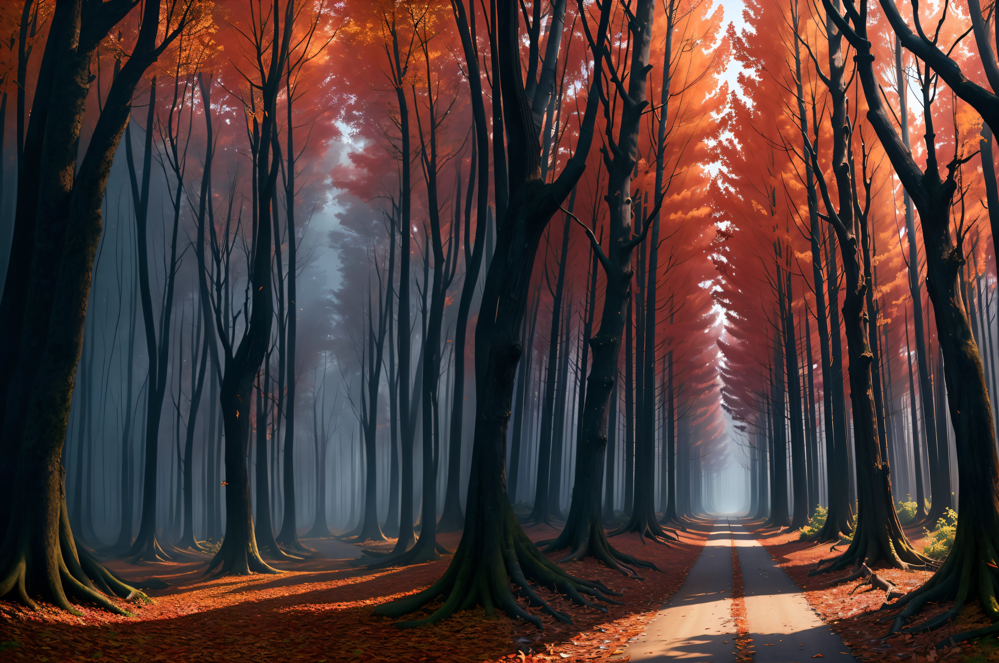 trees with orange leaves on the ground and a road in the middle, breath - taking beautiful trees, breath-taking beautiful trees, inspired by Darek Zabrocki, marc adamus, surreal forest, inspired by Mike Winkelmann, red forest, amazing depth, max rive, by Darek Zabrocki, jessica rossier fantasy art