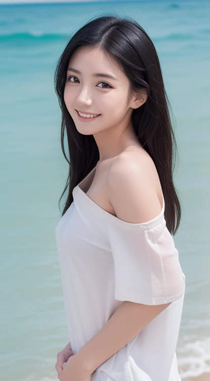 ((fully body photo:1.3))、((beautiful sea blue:1.2))、((White sandy beach))、(Cute profile)、(((All nude:1.3)))、(Highly detailed beautiful face of one young girl), Great look and best quality:1.4), (Ultra-detailed), (8k wallpaper), Highly detailed, High-definition raw color photos, Professional Photography, Realistic portrait, Amazing face and eyes, Brown eyes, in 8K、Detailed face of a very detailed beautiful girl、extremely detailed eye、highlydetailed skin、extremely detailed fingers、highly detailed nose、very detailed detailed mouth、Perfect Anatomy、细致背景、Detailed clothing、1 beautiful girl、(16:1.2)、、Cute little girl s、Rea body、Model-like body shape、((Realistic Beautiful Girl))、小柄、de pele branca、glistning skin、Slim body、((Beautiful black hair))、((nogizaka ))、((looking happy smile:1.2))、bangss: 1.5、kawaii faces、Lifelike face、Delicate eyes、((Playing in the sea wearing an oversized white shirt:1.3)),((A piece that shines through the light)), ((Off_Up to the shoulder:1.2)),sixteen years old, ((jun legs)、Open your crotch、((raise your hands high and jump))、((Local parts are visible.......................))、((Thin pubic hair))、((tiny chest............)), depth of fields, full-shot、3women、japanes、age19、(beauitful face:1.5)、(Nothing is worn)、(Running on the beach)
