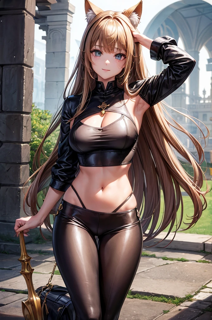 beautiful young female warrior fighter with cat ears on her head, com rosto bem detalhado e bonito, belos olhos, belos olhos, rosto lindo, beautiful young woman wearing long brown leggings with black details, sueter apertado branco, standing in a castle, usando bota preta, cabelo comprido com franja preto, ,orelhas de gato, belo sorriso, tomboy, um pouco musculosa,suter branco com cinta em volta, olhar serio,usando jaqueta de couro apertado preto, coxas grossas e longas pernas, coxas sexy grossas, botas pretas, botas, belas coxas