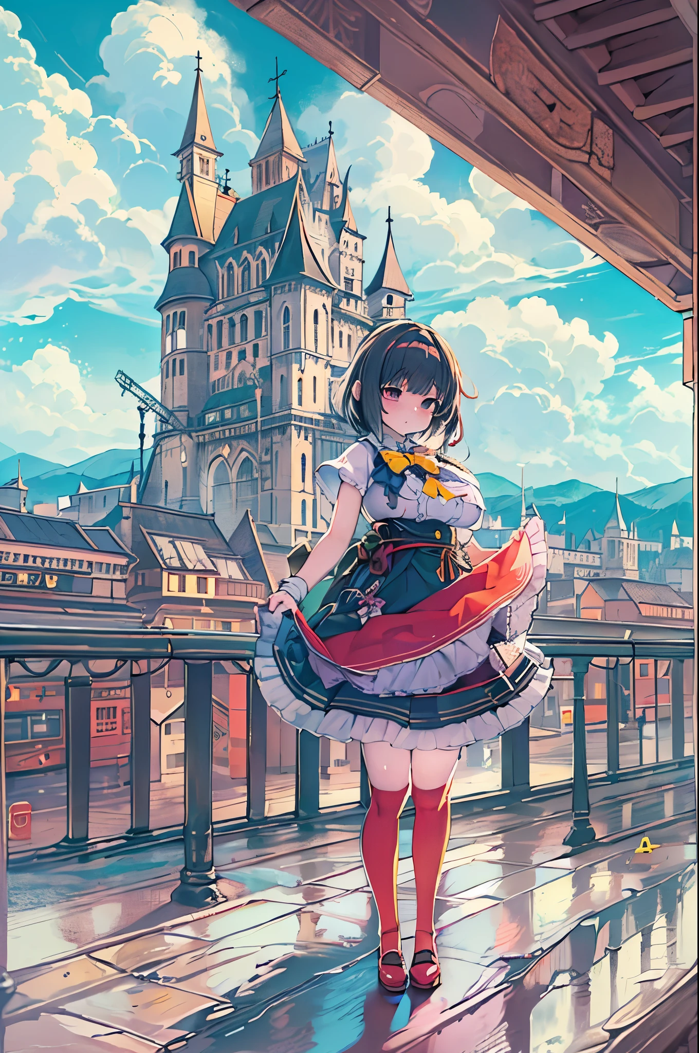 1girl in,Bangs,Black_hair,Blue_skyporn,Bridge,building,castle,city,cityscape,cloud,day,Dress,up looking_で_viewer,Outdoors,Red_neckwear,Red_bow ribbon,bow ribbon,River,Short_hair,Short_sleeves,skyporn,skypornscraper,Solo,Standing,Town,Let's see,(masutepiece,Anime,newest,new,exceptional:1.2),huge-breasted