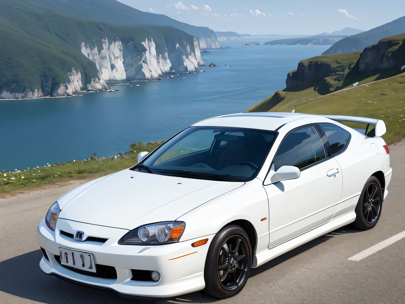 超A high resolution、An ultra-high picture quality、8K、Wonderful expression with attention to detail、early summer coastline、A pure white sports car stopped at a mountain pass.Honda Integra 1600RS Sports Coupe
