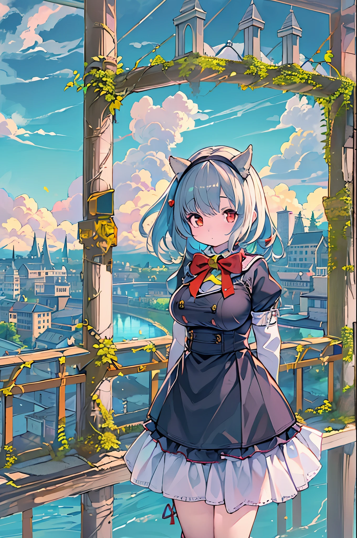 1girl in,Bangs,Black_hair,Blue_skyporn,Bridge,building,castle,city,cityscape,cloud,day,Dress,up looking_で_viewer,Outdoors,Red_neckwear,Red_bow ribbon,bow ribbon,River,Short_hair,Short_sleeves,skyporn,skypornscraper,Solo,Standing,Town,Let's see,(masutepiece,Anime,newest,new,exceptional:1.2),huge-breasted