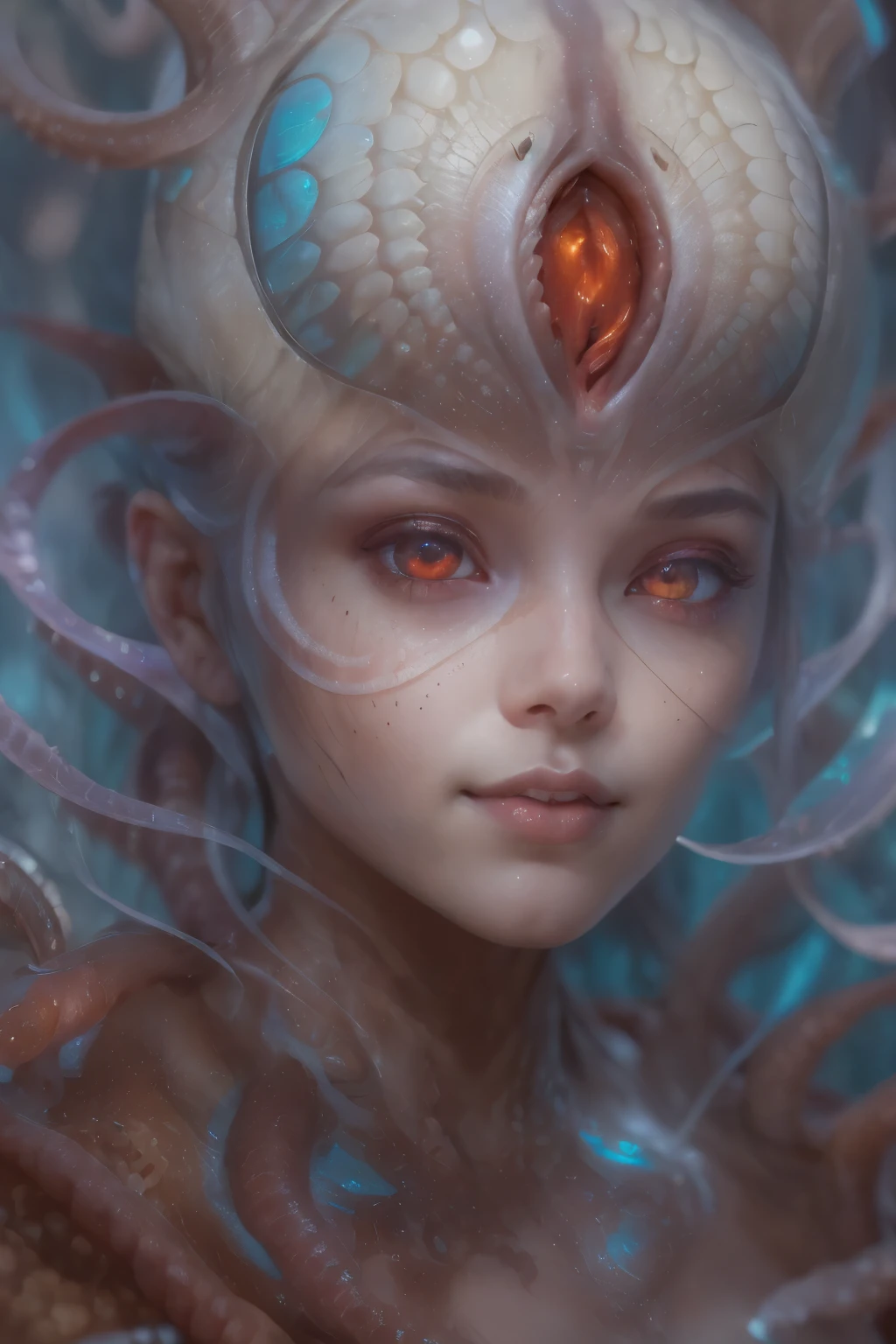 Portrait, (1 beautiful female alien:1.2), ((There is a female genital-like organ in the middle of the forehead:1.9)), (The most beautiful face in the history of the universe:1.2), (Scarlet eyes that shine mysteriously:1.6), (Translucent skin:1.8), an evil gaze that seduces, (red eyes:1.5), (large mouth:1.1), sharp teeth like a shark, Full body like, (bio luminescent:1.2), (Smile wickedly:1.3), (sexypose:1.5), alien, No humans, cells are fused, (Lots of translucent tentacles:1.1) (Translucent skin:1.3), extraterrestrial, cell, bio image, Best Quality, 8K,4K_quality, High Definition, Dramatic Lighting, masutepiece:1.5,cinematic quality, detail up, (Intricate details:1.2), High resolution, High Definition, drawing faithfully, (Thick eyebrows:1.2), Beautiful eyes with fine symmetry, (Ultra detailed eyes:1.2),(Highly detailed face and eyes:1.2), (High-resolution red-eye:1.4), Intimate face, (Super detailed skin quality feeling:1.4), Perfect Anatomy, (Beautiful toned body:1.5), (Moist skin:1.2), No makeup, (dark circles:1.1), long canines, cinematic drawing of characters, ultra high quality model, cinematic quality, detail up, (Intricate details:1.2), High resolution, High Definition, drawing faithfully, Official art, Unity 8K wall , 8K Portrait, Best Quality, Very High resolution, ultra detailed artistic photography, midnight aura, unreal enginee 5, Ultra Sharp Focus, art by alberto seveso, ArtGerm, Roisch, intricate artwork, best quality, masutepiece, ultra High resolution, (photos realistic:1.4), Ultra-realistic realism, dream-like, nautilus, Creation of fantasy, Snail, Dream Snail, (biopunk nautilus:1.3), Thrilling color schemes, Ultra-realistic realism, seductively smiling, Blue tentacles