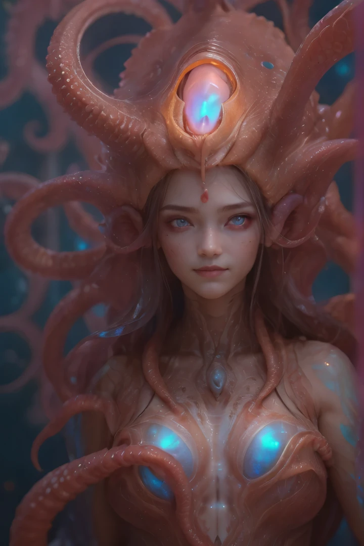 Portrait, (1 beautiful female alien:1.2),  ((There is a female genital-like organ in the middle of the forehead:1.9)), (The most beautiful face in the history of the universe:1.2), (Scarlet eyes that shine mysteriously:1.6), (Translucent skin:1.8), an evil gaze that seduces, (red eyes:1.5), (large mouth:1.1), sharp teeth like a shark, Full body like, (bio luminescent:1.2), (Smile wickedly:1.3),  (sexypose:1.5), alien, No humans, cells are fused, (Lots of translucent tentacles:1.1) (Translucent skin:1.3), extraterrestrial, cell, bio image, Best Quality, 8K,4K_quality, High Definition, Dramatic Lighting, masutepiece:1.5,cinematic quality, detail up, (Intricate details:1.2), High resolution, High Definition, drawing faithfully, (Thick eyebrows:1.2), Beautiful eyes with fine symmetry, (Ultra detailed eyes:1.2),(Highly detailed face and eyes:1.2), (High-resolution red-eye:1.4), Intimate face, (Super detailed skin quality feeling:1.4), Perfect Anatomy,  (Beautiful toned body:1.5),  (Moist skin:1.2), No makeup, (dark circles:1.1), long canines, cinematic drawing of characters, ultra high quality model, cinematic quality, detail up, (Intricate details:1.2), High resolution, High Definition, drawing faithfully, Official art, Unity 8K wall  , 8K Portrait, Best Quality, Very High resolution, ultra detailed artistic photography, midnight aura,  unreal enginee 5, Ultra Sharp Focus, art by alberto seveso, ArtGerm, Roisch, intricate artwork, best quality, masutepiece, ultra High resolution, (photos realistic:1.4), Ultra-realistic realism, dream-like,  nautilus, Creation of fantasy, Snail, Dream Snail,  (biopunk nautilus:1.3), Thrilling color schemes， Ultra-realistic realism， seductively smiling, Blue tentacles