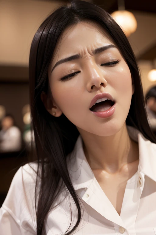 1 girl,pieces fly,,award winning photos, very detailed, edge orgasm,face focus, (woman with open mouth and closed eyes ), 30 years old、black hair、shiny skin、close up of face,from below、realistic nostrils、elongated nasal passages,,、train、(train車内)、congestion、Are standing、((suit))、big breasts、tears、crying face、(sharp nose)