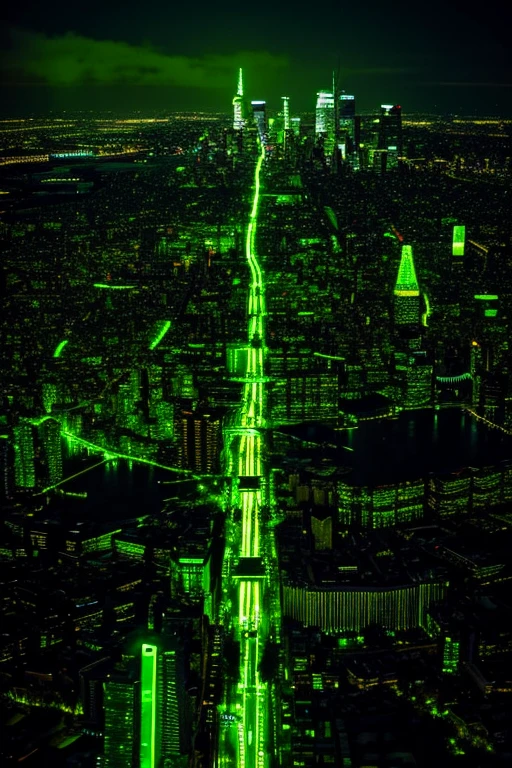 a city lit up with green lights in the dark, digital art, by Otto Piene, escherichia coli party, cryptidcore, covered in circuitry, destroying new york city