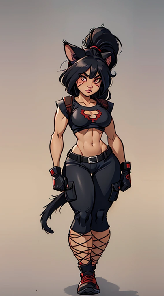 Woman, Adult, With a feline appearance, Cat girl, With cat ears, With cat whiskers, with red eyes, with a cat's pupil, with large breasts, with a marked physique, with a marked abdomen, with a fighter's stole , with boxing gloves, that the gloves have cut ends, with red gloves, with black tops, that the tops have red sides, with cargo pants, that the pants are black, with red shin guards , with long hair, with white hair, that the hair is tied, with a ponytail in the hairstyle, with white skin, with good quality in the muscles, with details in the clothing, (good quality), (good focus on the eyes), (detail in the eyes), (masterpiece), That he is standing, that he has a guard posture, with a full body, with good quality, with good focus, with a scar on his face.