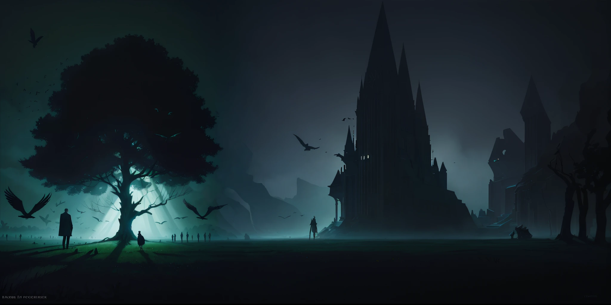 there is a man standing under a tree with birds flying around, an ominous fantasy illustration, dark atmosphere illustration, dark fantasy illustration, inspired by Jakub Schikaneder, scary magical background, art concept for a book cover, surreal dark fantasy, novel cover art for a book, moody misty fantasy art, epic mysterious surrealism, surreal dark art, in style of dark fantasy art