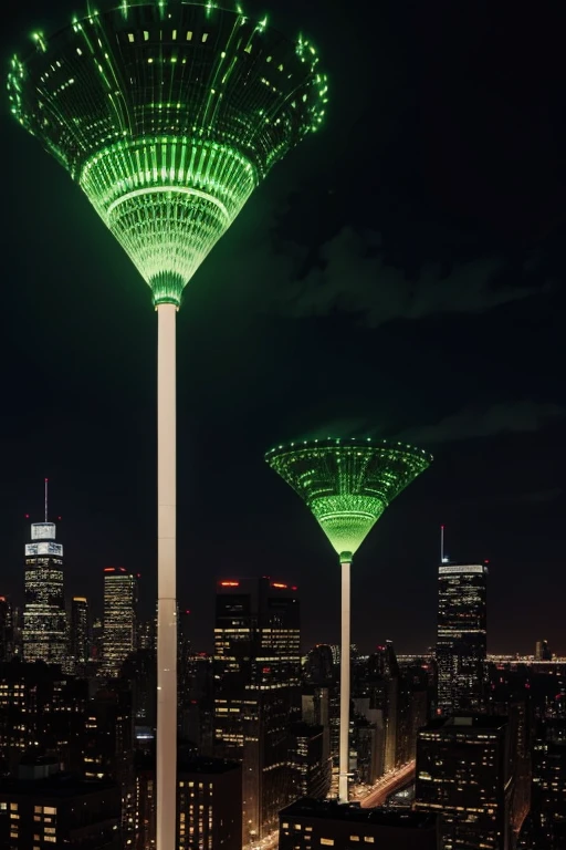 a city lit up with green lights in the dark, digital art, by Otto Piene, escherichia coli party, cryptidcore, covered in circuitry, destroying new york city