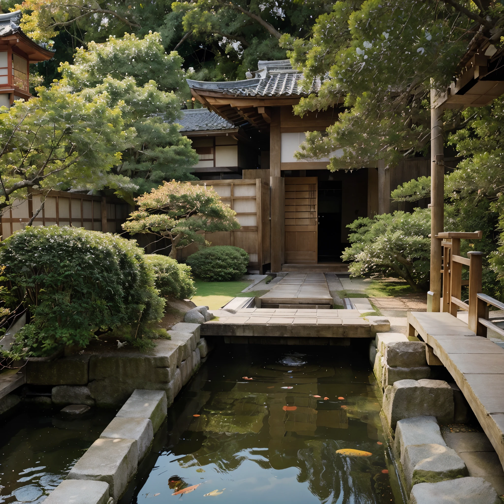 (digital painting),(best quality), serene Japanese garden, cherry blossoms in full bloom, koi pond, footbridge, pagoda, Ukiyo-e art style, Hokusai inspiration, Deviant Art popular, 8k ultra-realistic, pastel color scheme, soft lighting, golden hour, tranquil atmosphere, landscape orientation