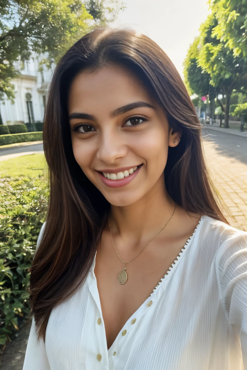 Luna Marquez, 25 years old, Argentine-Brazilian, taking a selfie. She's dressed in a chic casual outfit, with a simple blouse and a delicate necklace. The photo is a close-up of her face, with Luna holding the phone with one hand and smiling directly at the camera. The background is blurred but suggests an outdoor setting with greenery.