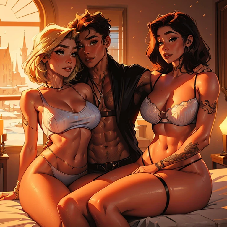 Muscular Handsome European ( tall&==((short-haired))) shirtless barbarian man with beard absolutely surrounded and being hugged and touched by (((three))) sexy women harem girlfriends bitches feeling his muscles and groin, women: long Flowing voluminous hair And curvy bodies with wide hips and nice asses, women wearing robes and underwear in a state of undress for clothes with straps draped on shoulders and waistbands on thighs, nobody looks identical, each person has a unique hair color and race and skin color, three of the hottest women to ever live loving this man, the three women share him as a boyfriend and enjoy helping him feel pleasure together, there are so many gorgeous women are here around this one man, they are desperately close to each other, expressions of ecstasy and joy and love on their faces, wrestling , hugging, tackling, massaging, grinding, Flirtatious, lounging in the fancy bedroom of a fantasy castle with windows, night and snowy winter outside, romantic candlelight that glows, worshipping him, sexual, kissing, sexualized positions, glowing glistening wet skin, tattoos, , jewelry, faces of pleasure and joy, pressing themselves together, romance novel cover poses, women competing for attention , one woman to his right and one woman to his left and one woman behind him, full body shot, (((ONLY ONE MAN))), orgy, if one woman has dark hair then the second one must have red hair and the third have blonde hair. If one is Asian than the other one is European and the third one is Polynesian and the fourth is African, nobody looks at the camera, everybody looks into another person's eyes, some women face Forward while other's face sideways and others face behind but all of them are facing the man