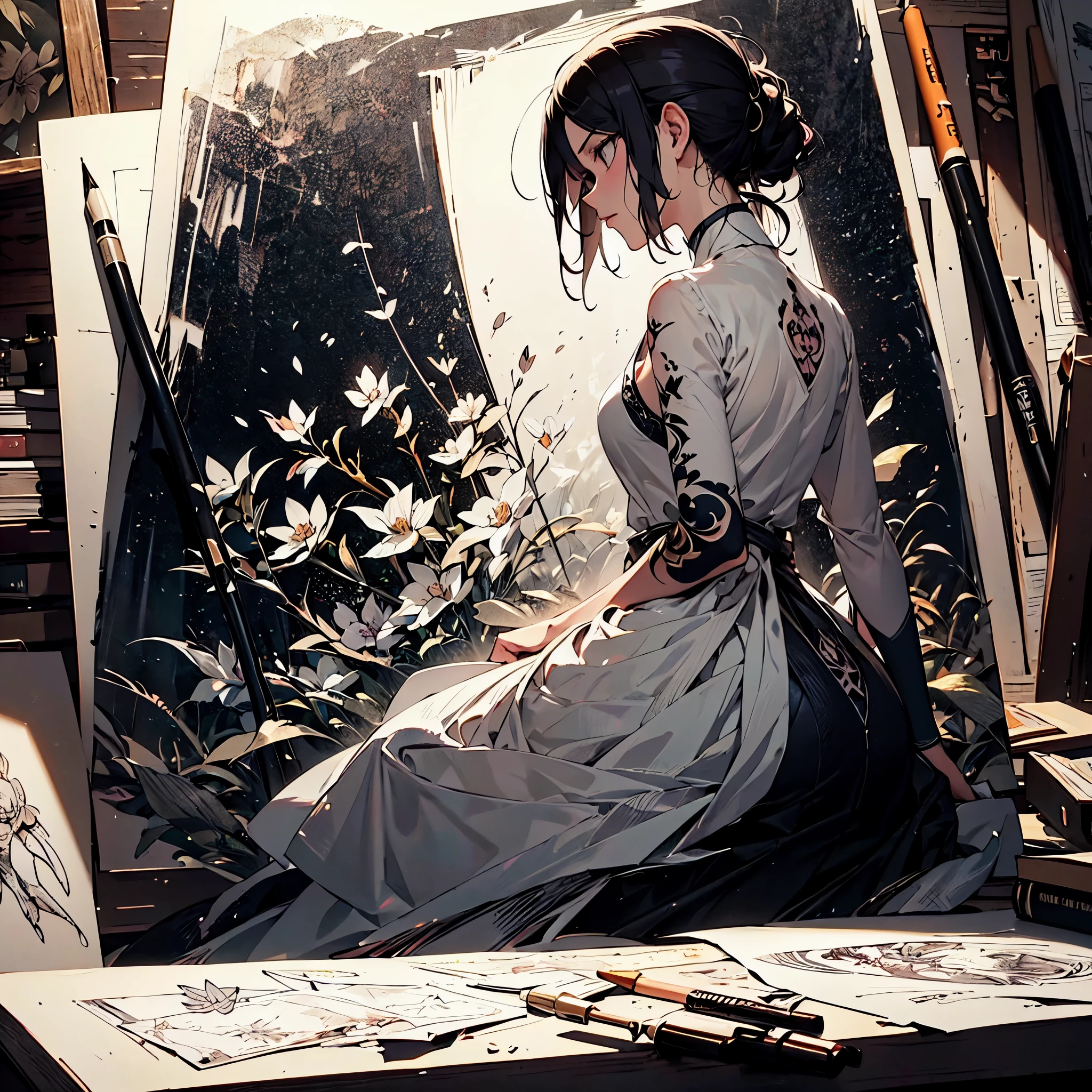 Base Layer: A softly lit room with scattered sketches and drawings fluttering in a gentle breeze, creating a backdrop of creativity and contemplation, BREAK
Middle Layer: A contemplative anime-style girl with detailed floral tattoos covering her arms, giving her a look of quiet strength and introspection, BREAK
Foreground Layer: Pencil sketches and storyboard panels held in her hands and drifting around her, suggesting a moment caught in creative process, BREAK
Effect Layer: The tattoos are intricately detailed, with each petal and leaf designed to be lifelike, wrapping around her figure like a second skin, BREAK
Final Touches: A play of light and shadow that accentuates the depth of the tattoos and the texture of the paper, enhancing the reflective mood.