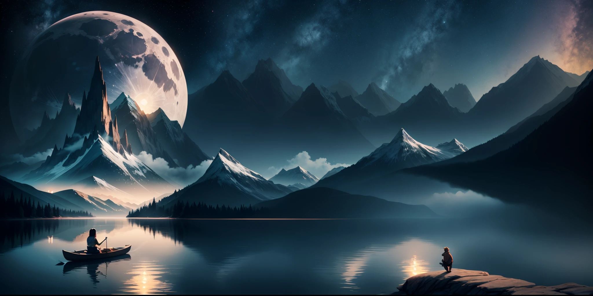 arafed image of a man in a boat on a lake with a mountain in the background, 4k highly detailed digital art, 8k stunning artwork, beautiful art uhd 4 k, 4k detailed digital art, inspired by Christopher Balaskas, detailed painting 4 k, inspired by Cyril Rolando, 4k digital painting, 4 k digital painting