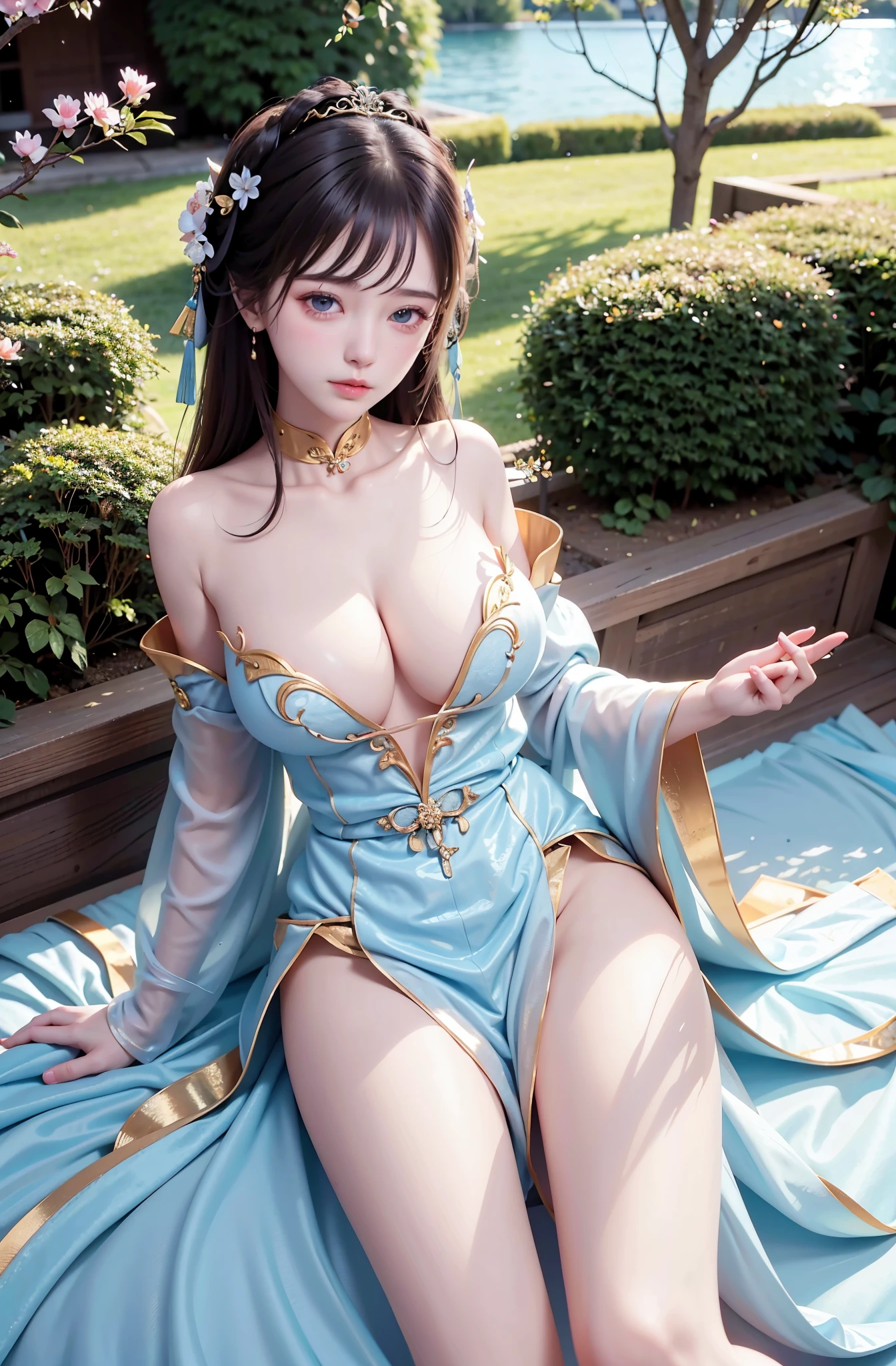 a princess ald old cute Hanfu dynasty open V-chested clothes royal, Wet body of thin silk fabric, Thin silk lace dress, (huge boobs,cleavage),, white pink, blue ,best qualtiy,tmasterpiece,超高分辨率,(真实感:1.4),RAW photogr,(True skin texture:1.3),(filmgrain:1.3),(Selfie angle),1个Giant Breast Girl,Beautiful eye and face details,tmasterpiece,Best quality at best,,The chest more exposed, detailed hair,above looking down facing at camera,short dressPrincess Eyes,Super big eyes,Detailed face,shiny pupils, (a garden,moon palace,)
