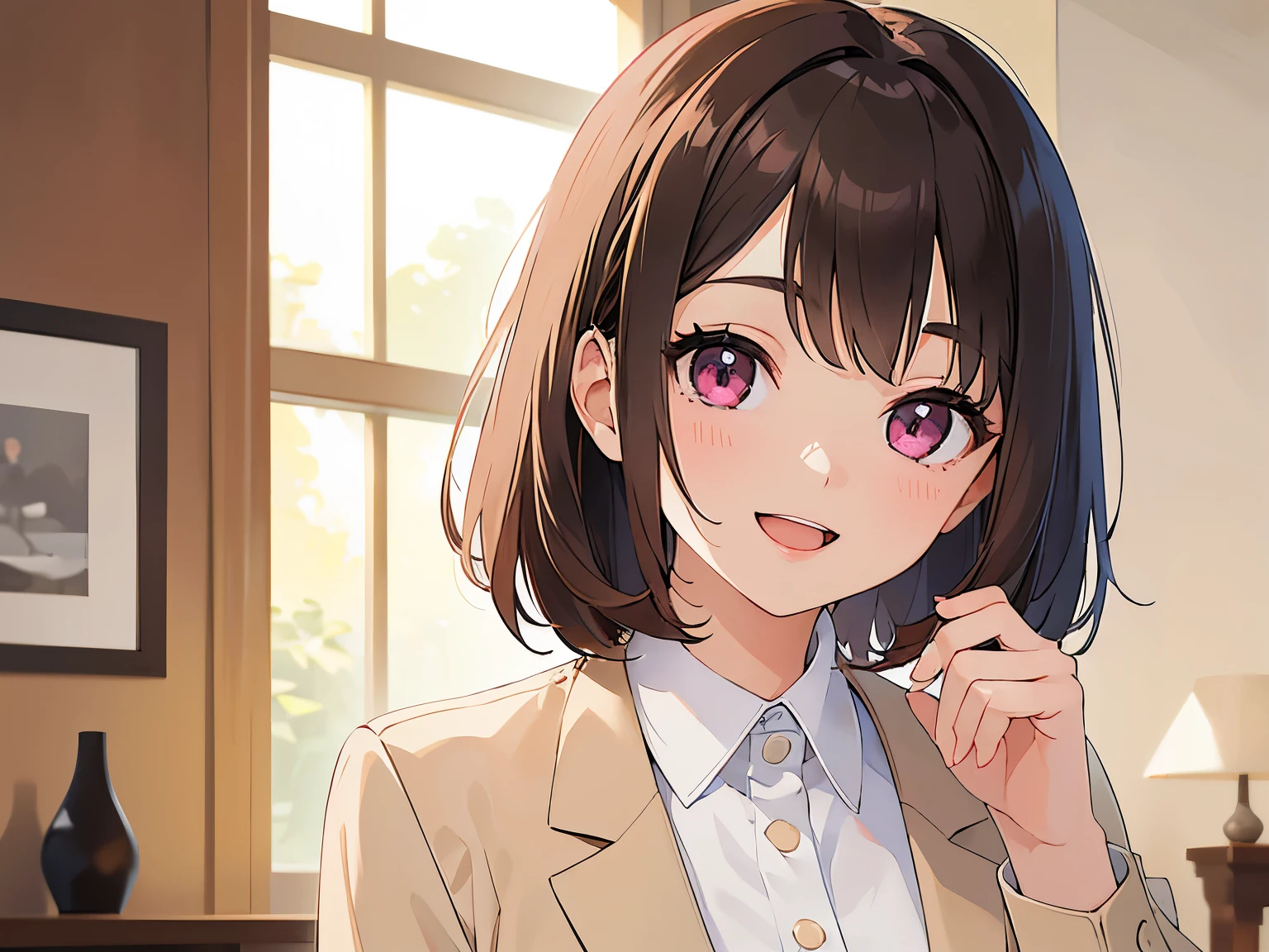 Raising hand, ​masterpiece、top-quality、 A 25-year-old woman with medium hair and pink eyes with brown bangs.、Wearing a beige suit、white  shirt、(smile:1.3)、open mouth, Close-up of your face、is standing、The background is the living room、Bold composition、Upper body is shown、Alone、