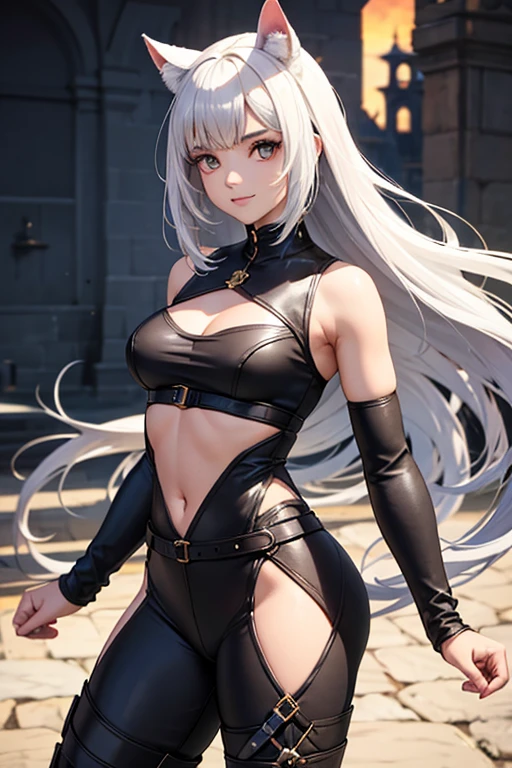 beautiful young female warrior fighter with cat ears on her head, com rosto bem detalhado e bonito, belos olhos, belos olhos, rosto lindo, beautiful young woman wearing long brown leggings with black details, sueter apertado branco, standing in a castle, usando bota preta, cabelo comprido com franja preto, ,orelhas de gato, belo sorriso, tomboy, um pouco musculosa,suter branco com cinta em volta, olhar serio,usando jaqueta de couro apertado preto, coxas grossas e longas pernas, coxas sexy grossas, botas pretas, botas, belas coxas