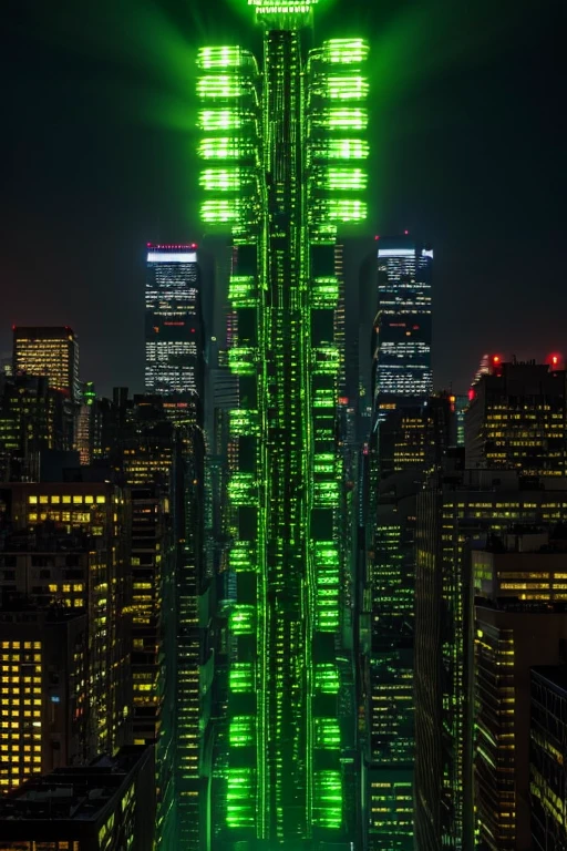 a city lit up with green lights in the dark, digital art, by Otto Piene, escherichia coli party, cryptidcore, covered in circuitry, destroying new york city