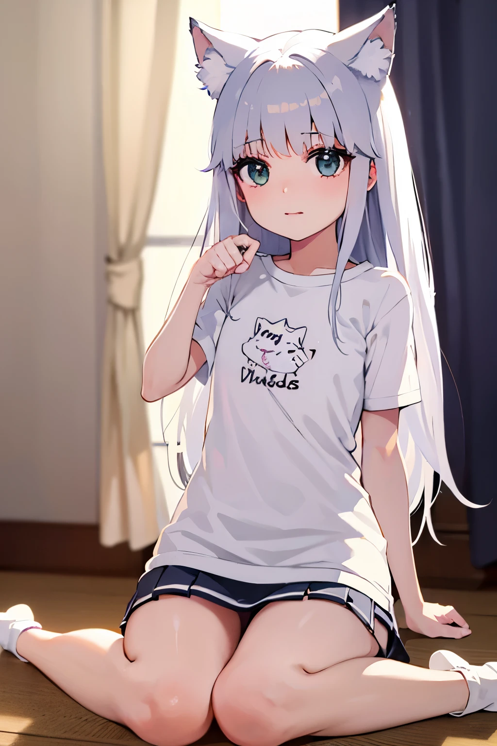 Cabello largo plateado, ojos verdes, petite, t-shirt, mini skirt, white clothes, white undewear, wolf ears, ojos seductores, sonrisa, abdomen lindo, muslos hermosos, piernas abiertas, inside house