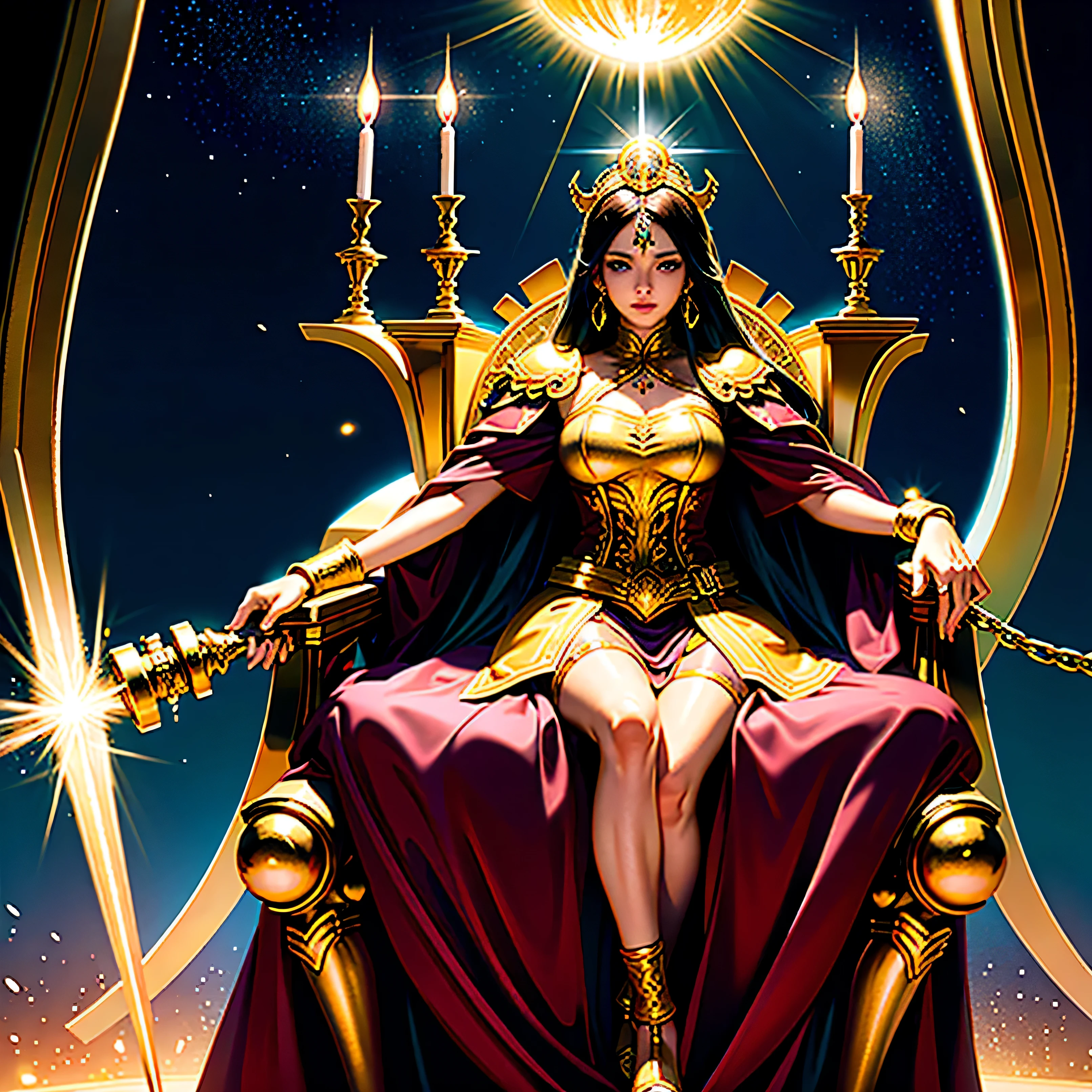 Sun woman, pride,Sun shining bright, gold throne, greates throne, so very large, HD lighting and dark )<=(epic image quality)dark atmosphere with bright particle light(many effects in background)