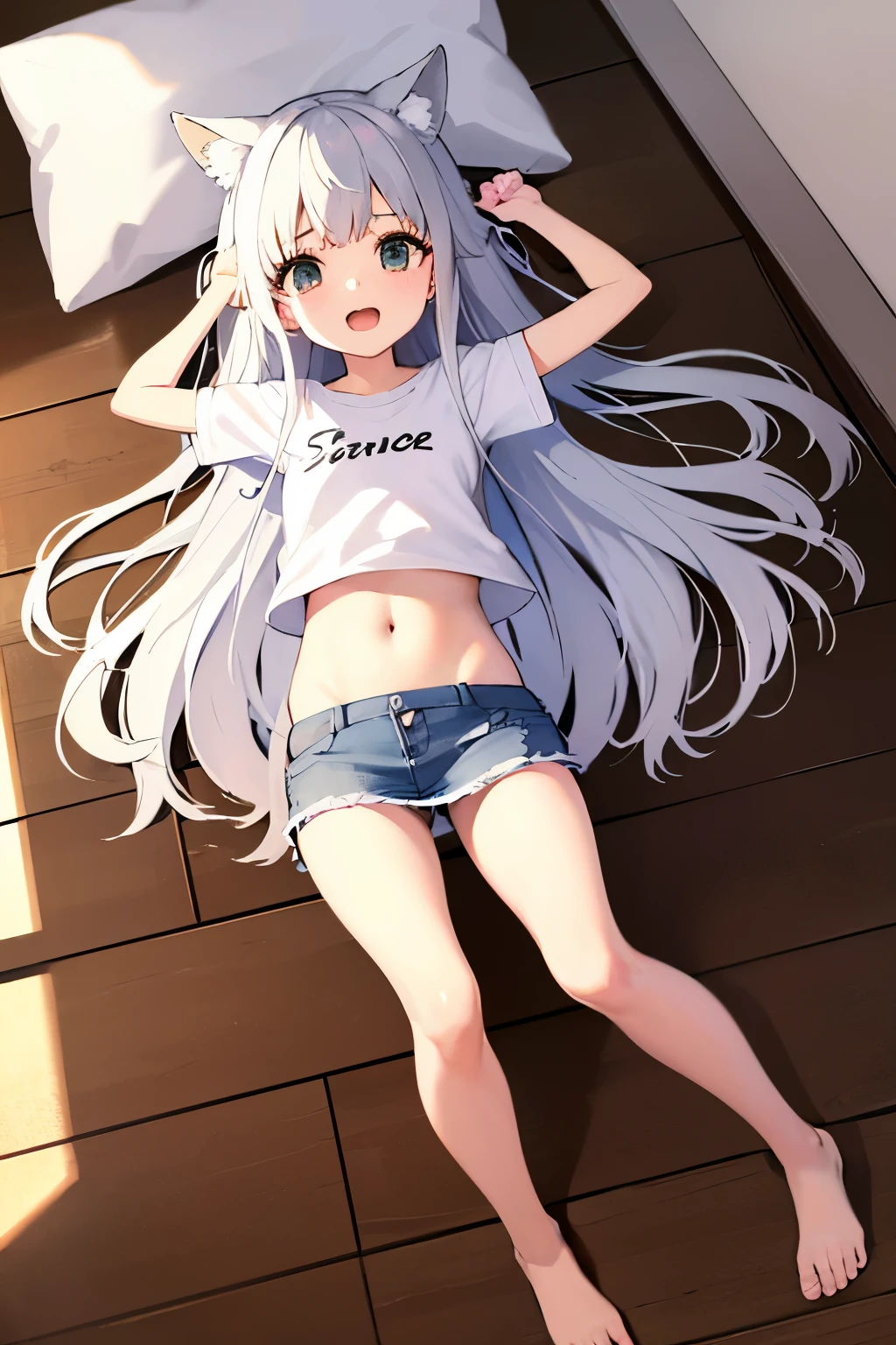 Cabello largo plateado, ojos verdes, petite, t-shirt, mini skirt, white clothes, white undewear, wolf ears, ojos seductores, sonrisa, abdomen lindo, muslos hermosos, piernas abiertas, inside house
